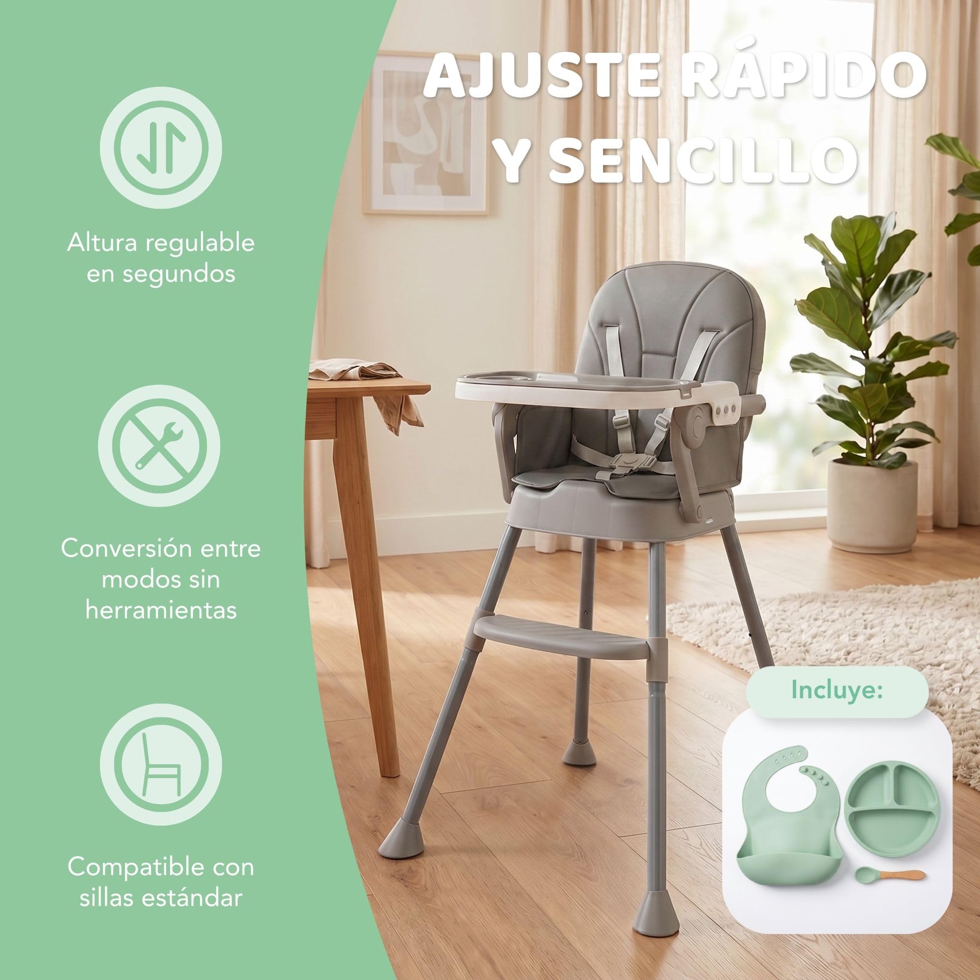 Tronas De Bebe 3 En 1 Con Kit Vajilla de Silicona – Silla Bebe Comer Con Asiento Acolchado - Trona Bebe Plegable Fácil De Limpiar, Montaje Rápido, Estabilidad