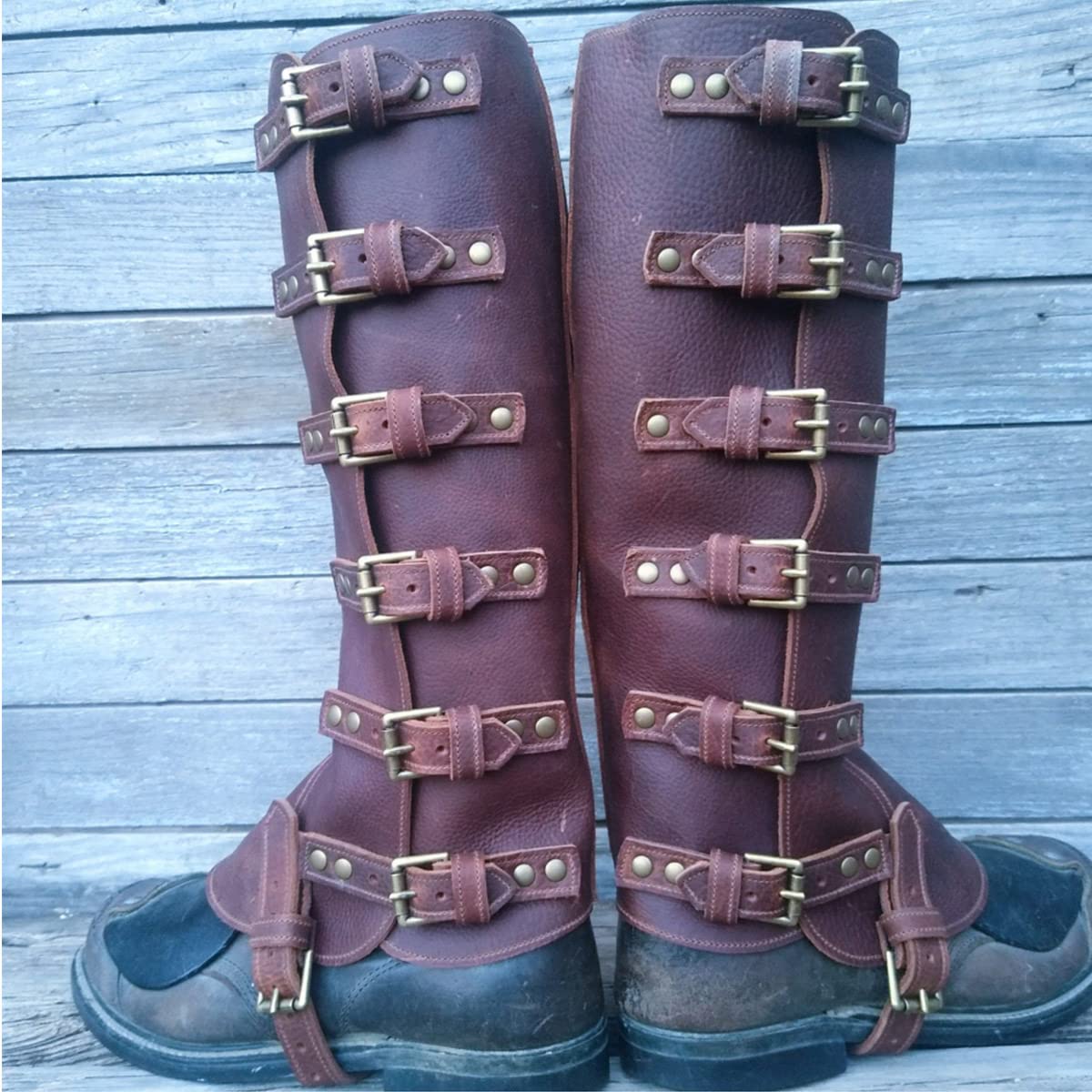 Cachorro Medieval Leather Belt Buckle Gaiters, Steampunk Knight Boots Shoes Cover Larp Pirate Cosplay Costume Accessory For Men Women, Outdoor Hiking Protector Gear,Dark Brown