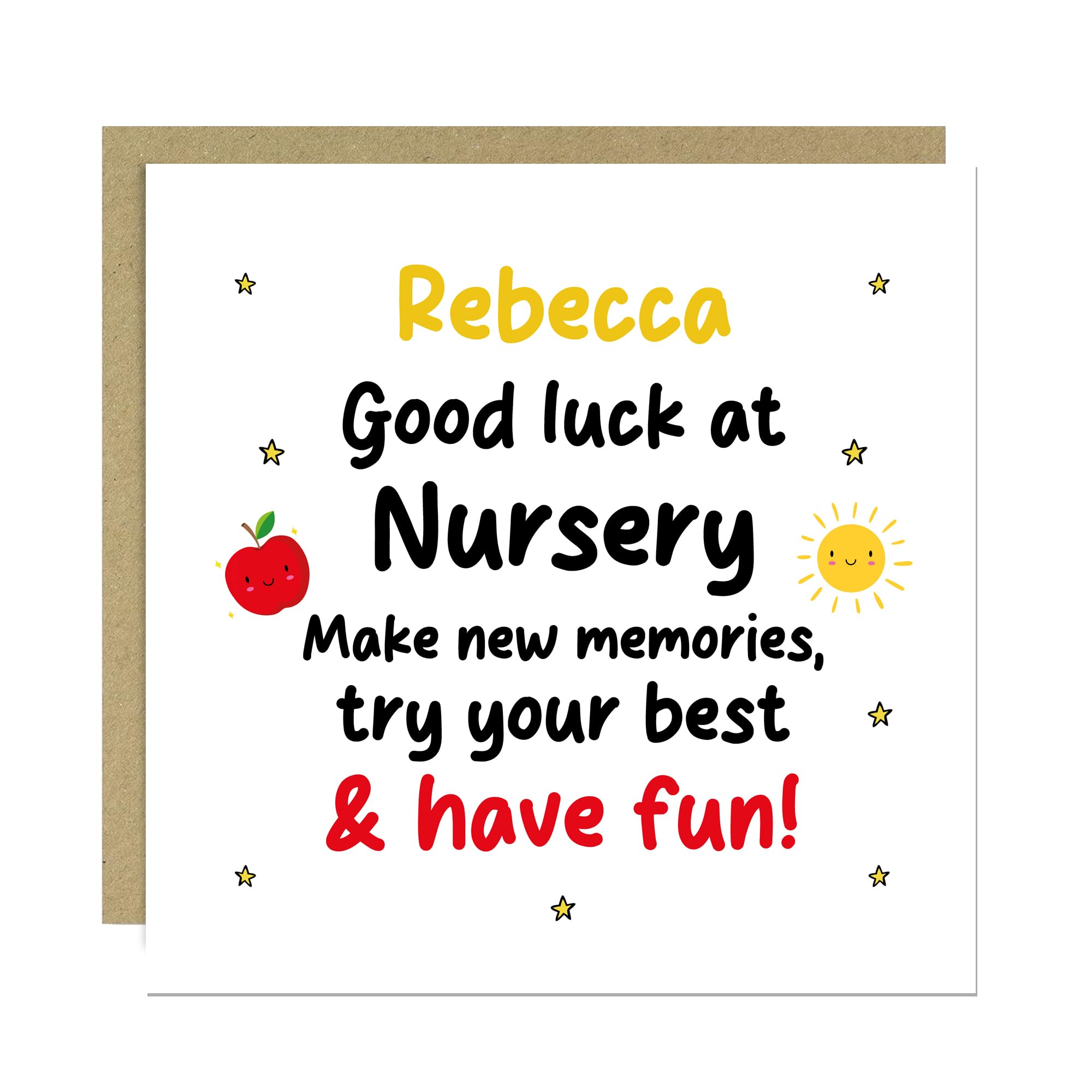 RED OCEAN Personalised Good Luck Nursery Card For Son Daughter With Kraft Envelope 1st Day At Nursery Card For Granddaughter Grandson Cute