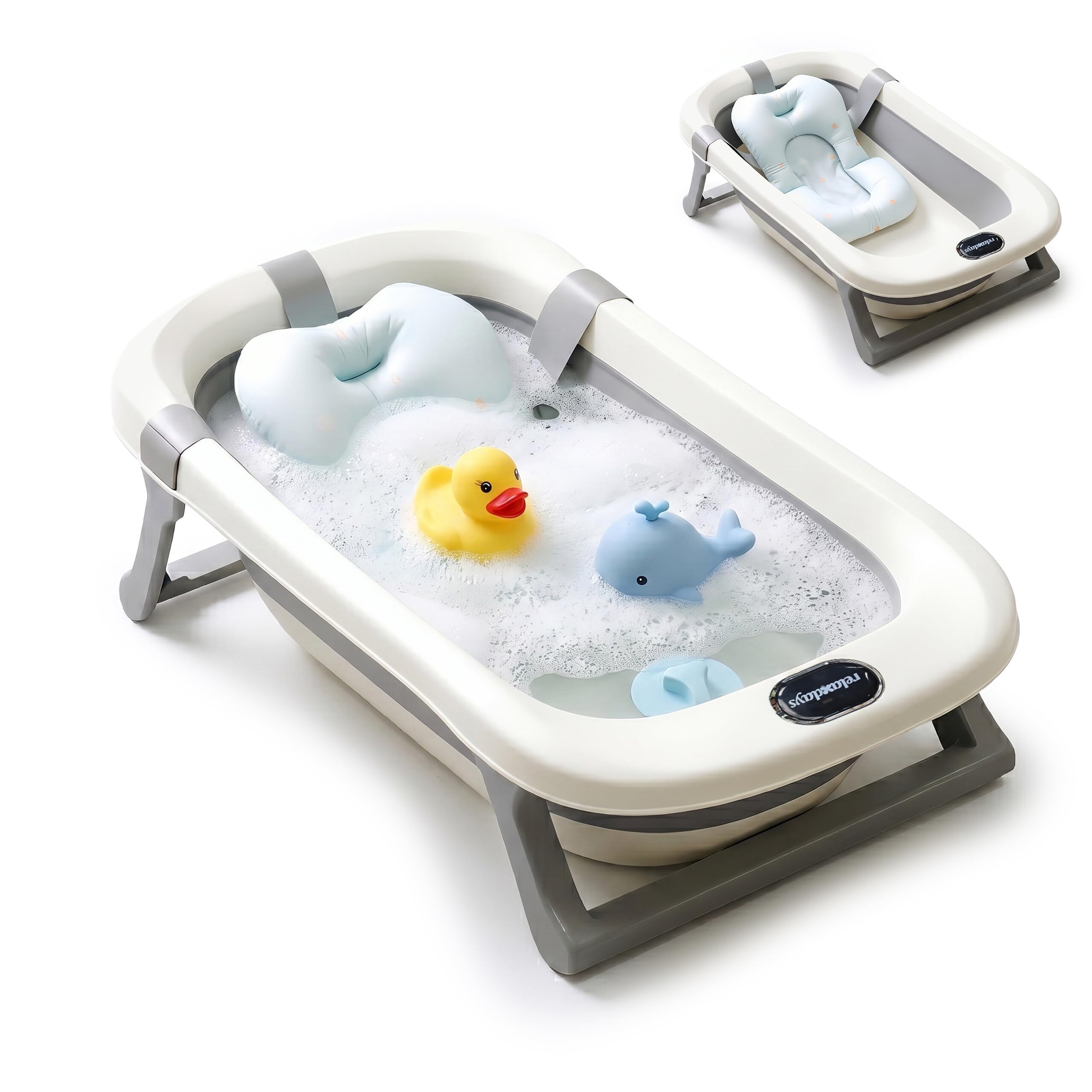 Relaxdays Babybadewanne faltbar, mit weichem Kissen, Babywanne, creme/grau