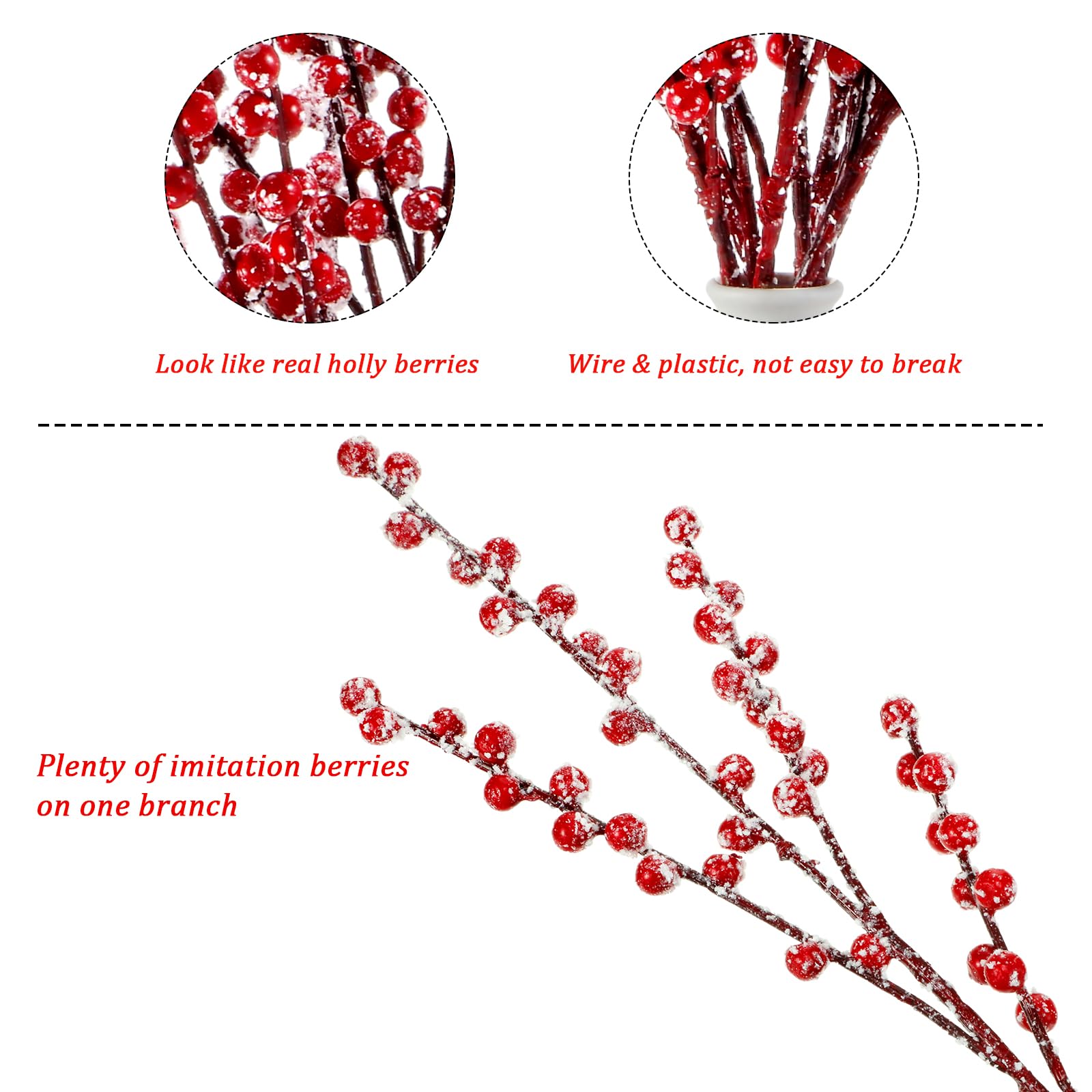 WILLBOND Künstliche rote Beerenstiele 55,6 cm Weihnachten rote Beeren Stechpalmenbeeren Zweige für Weihnachtsbaum Neujahr Dekor DIY Handwerk (8, Snow Slurry Style)