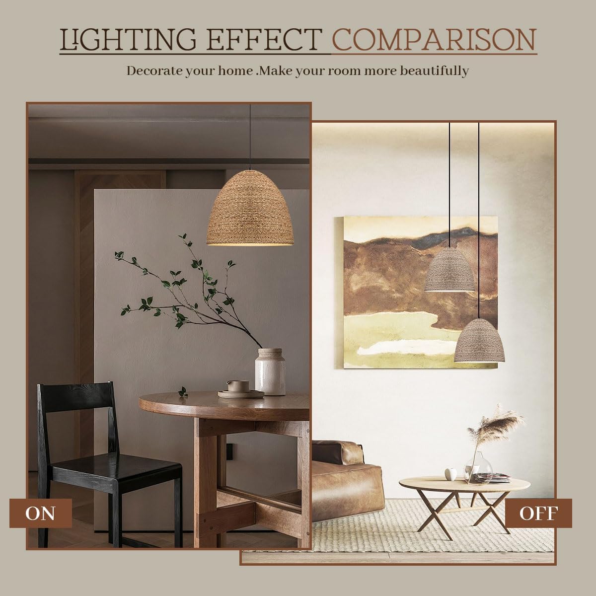 Hanging Light Fixtures Rattan Pendant Lights Vintage Mid Century Style 1-Light 9.84-inch Hand Woven Wicker Shade Small Pendant Light for Kitchen Island Dining Room