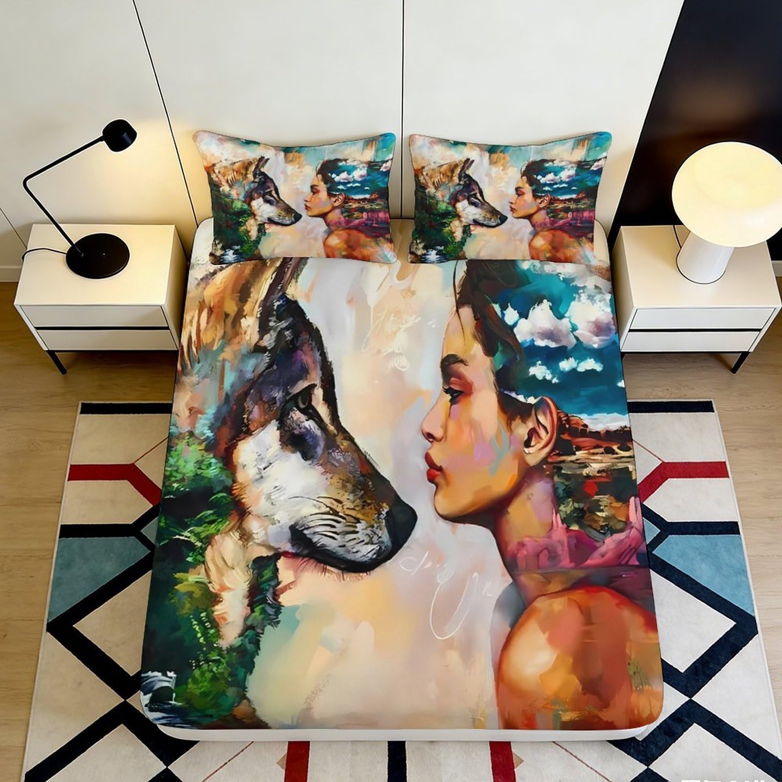 3D Printed Wolf and Woman Fitted Sheet Microfiber Artistic Bed Cover Colourful Abstract for Bedroom Dorm Decor 90x200x25cm