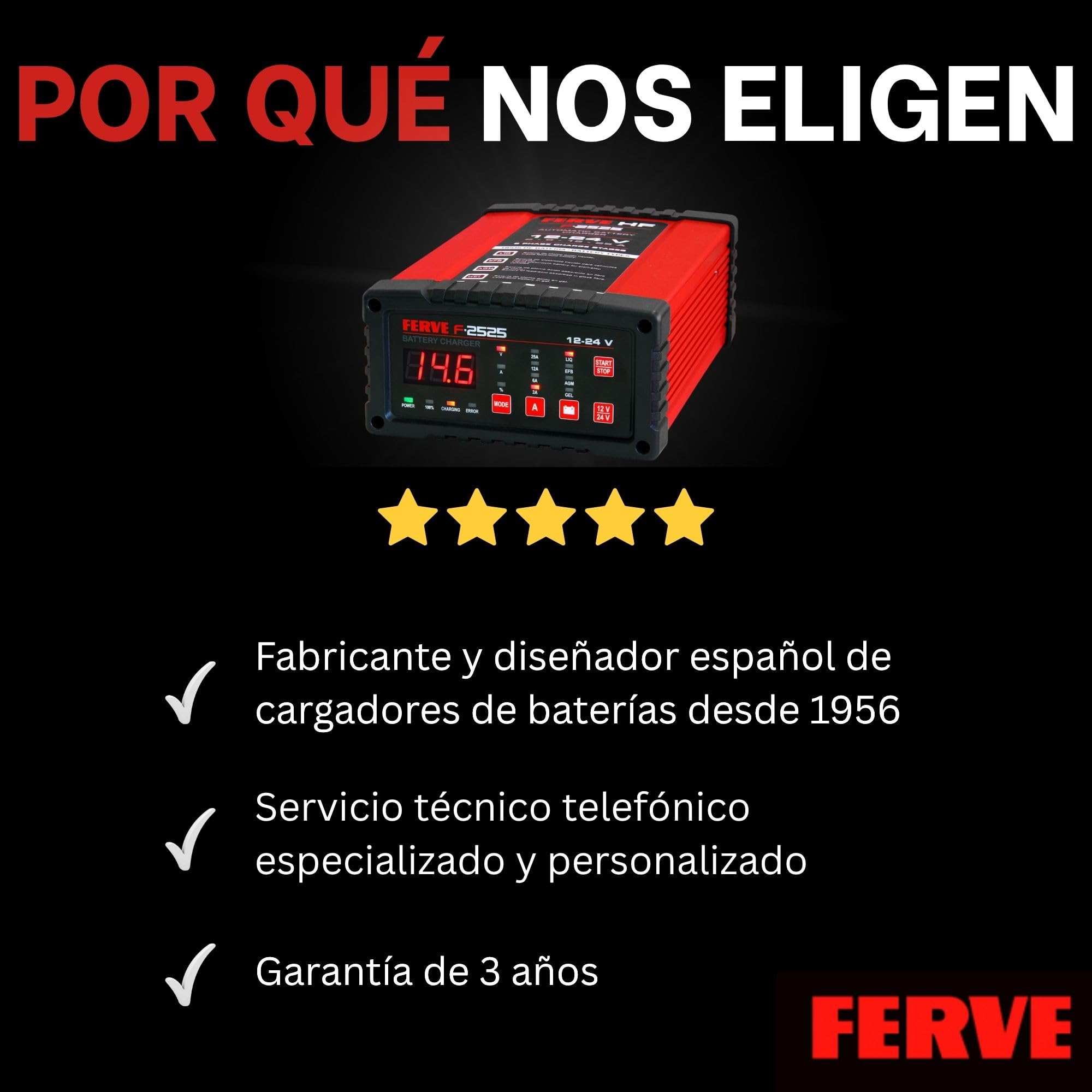 Ferve F-2525 Cargador de Baterías Automático - Mantenedor Inteligente 2-25A 12V/24V – Función Test y Alternador – Tecnología RF – Pantalla LED con Voltímetro y Amperímetro – para Baterías Plomo-Ácido