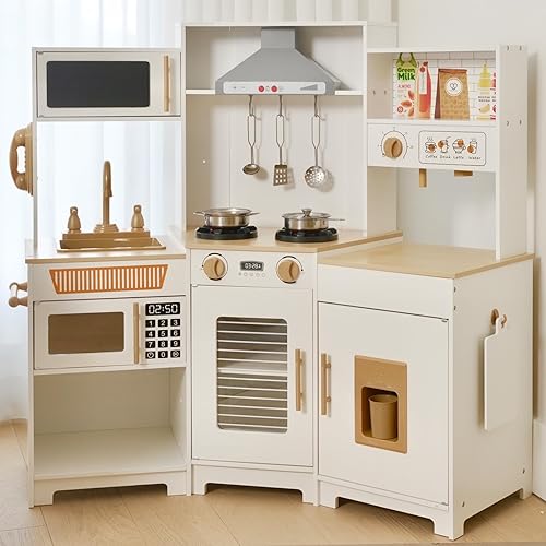 YUG Juego de cocina para niños pequeños, juego de cocina de esquina con luces y sonidos, juguete de madera con horno, microondas, estufa, máquina de