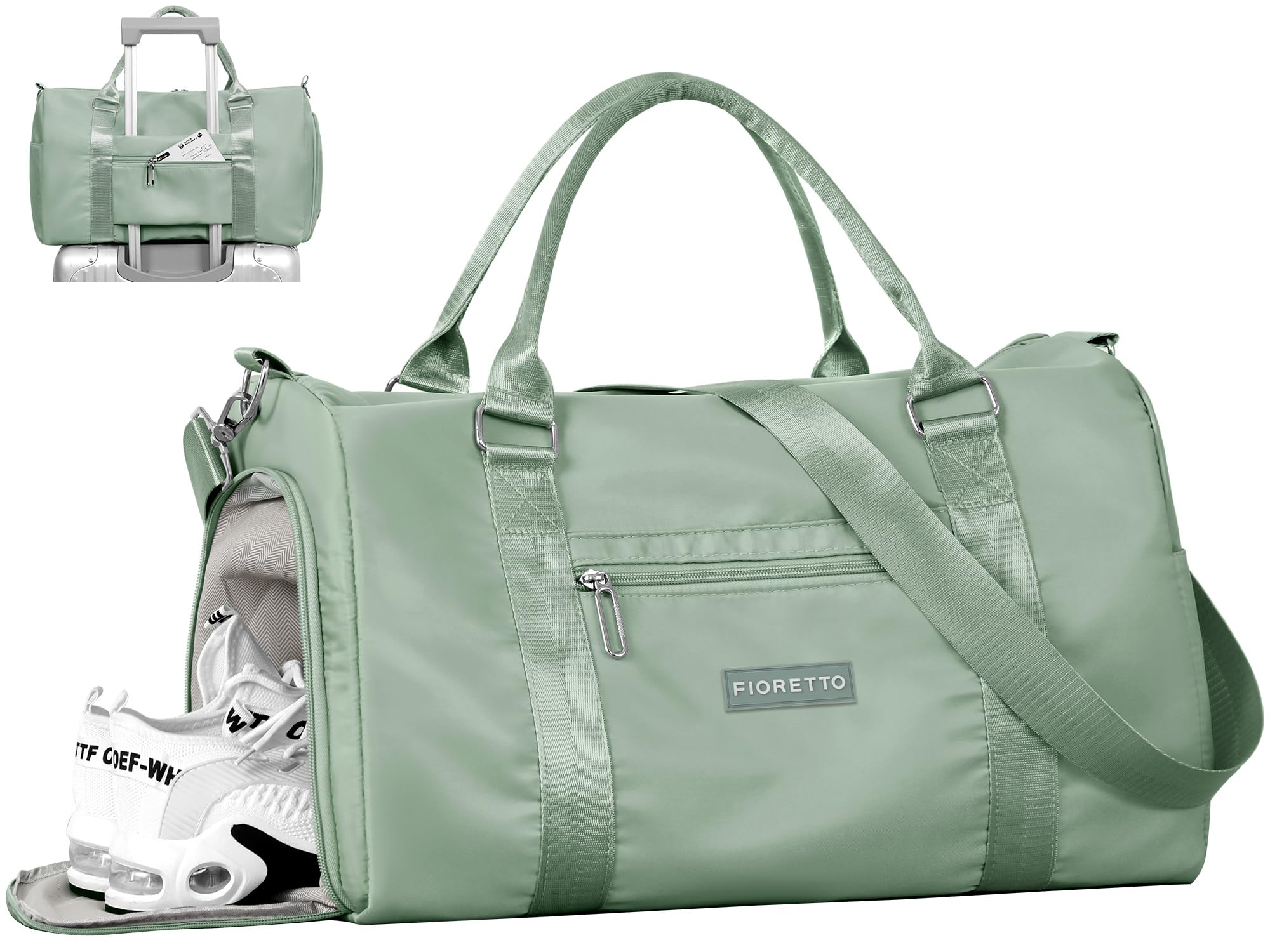 FIORETTO Womens Gym Tote Duffle Bag with Wet Pocket &amp; Shoe Compartment, Sports Duffel Overnight Weekender Hospital Workout Carry on Bag for Girls, Ideal for Travel, Swimming, Dance, Ballet Celadon