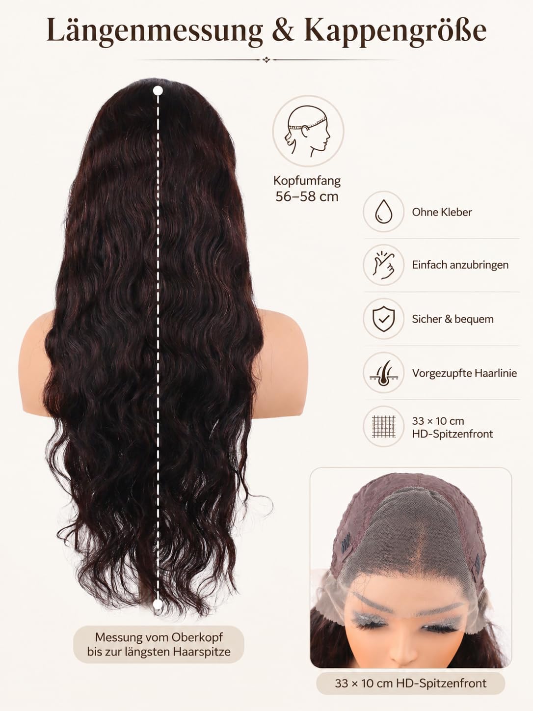 Body Wave Perücke 75 cm Dunkelbraun 33x10 cm Spitzenfront | 100% Echthaar, HD unsichtbare Spitze, vorgezupfte Haarlinie, kleberfrei, Damenperücke, weiche Body-Wave-Textur