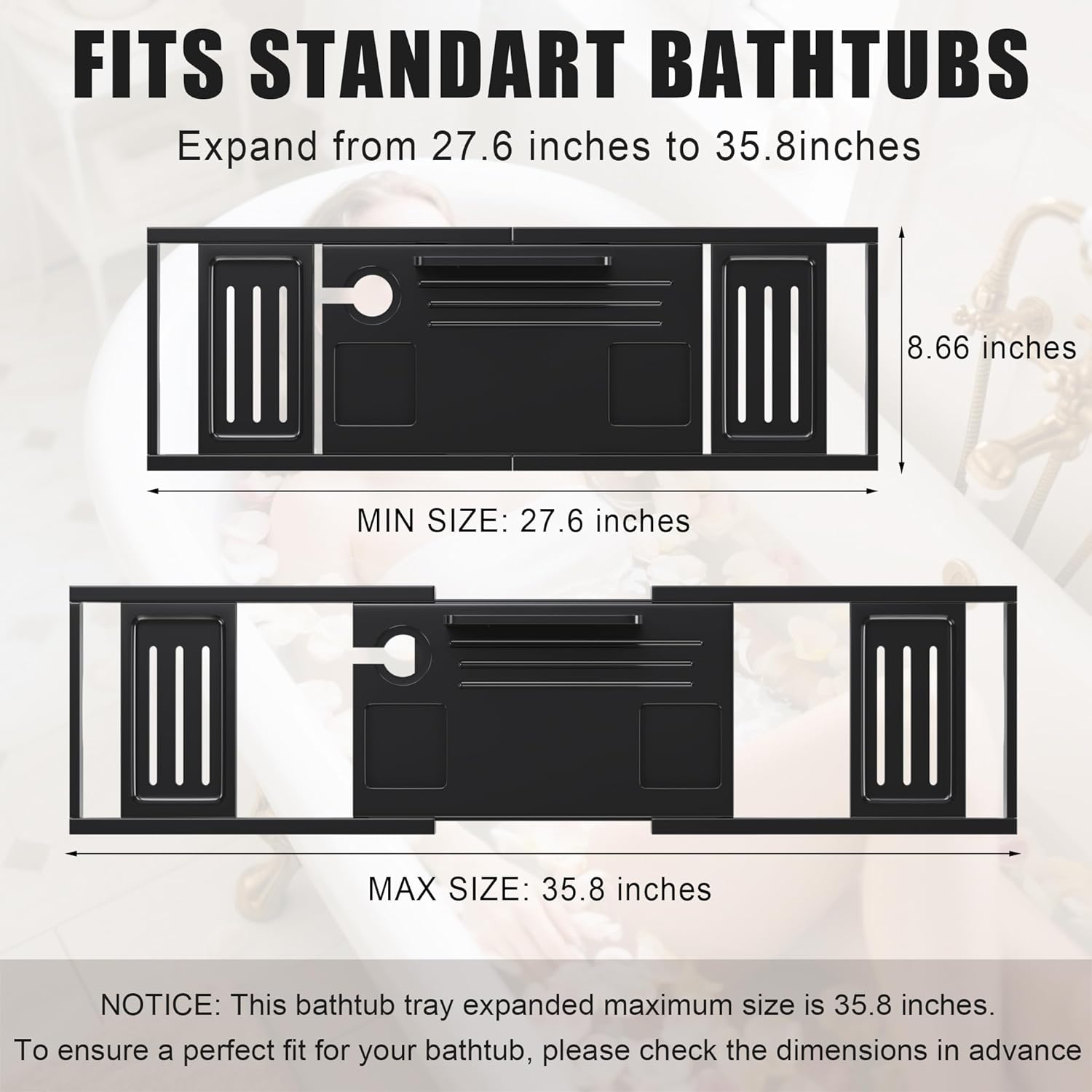 Bathtub Tray Caddy,Premium Bamboo Expandable Bath Tub Trays Table, Foldable Bathroom Accessories,Great House Warming, Anniversary and Birthday Gifts,Black