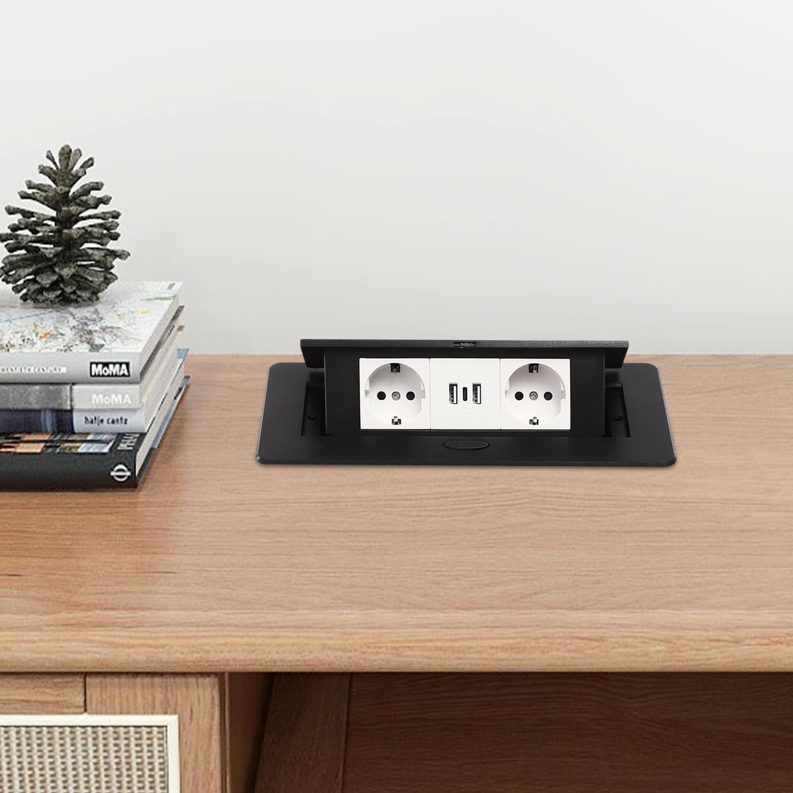 Pop-up Steckdosenleiste mit Netzkabel – EU Norm, USB + Type-C Ports, Schwarz, Kompakt stabil, Überlastungsschutz, Powerstrip für Home Office & Reise, sicherer Energielieferant