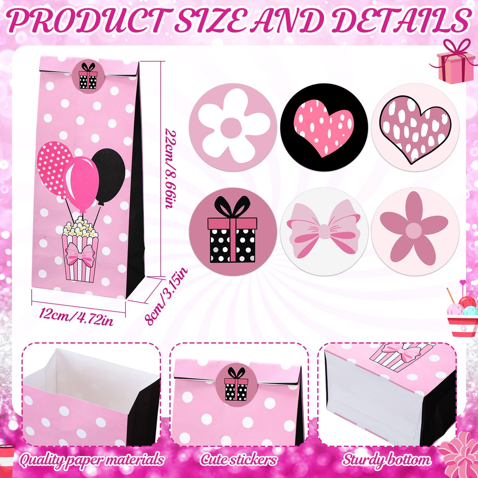 Motiskyy 30 Pcs Pink Mouse Birthday Party Favor Bag with Stickers 8.66" x 4.72" Goodie Bags Gift Bag Paper for Pink Mouse Theme Birthday Decorations Candy Snack Giving Party Supplies, 6 Style