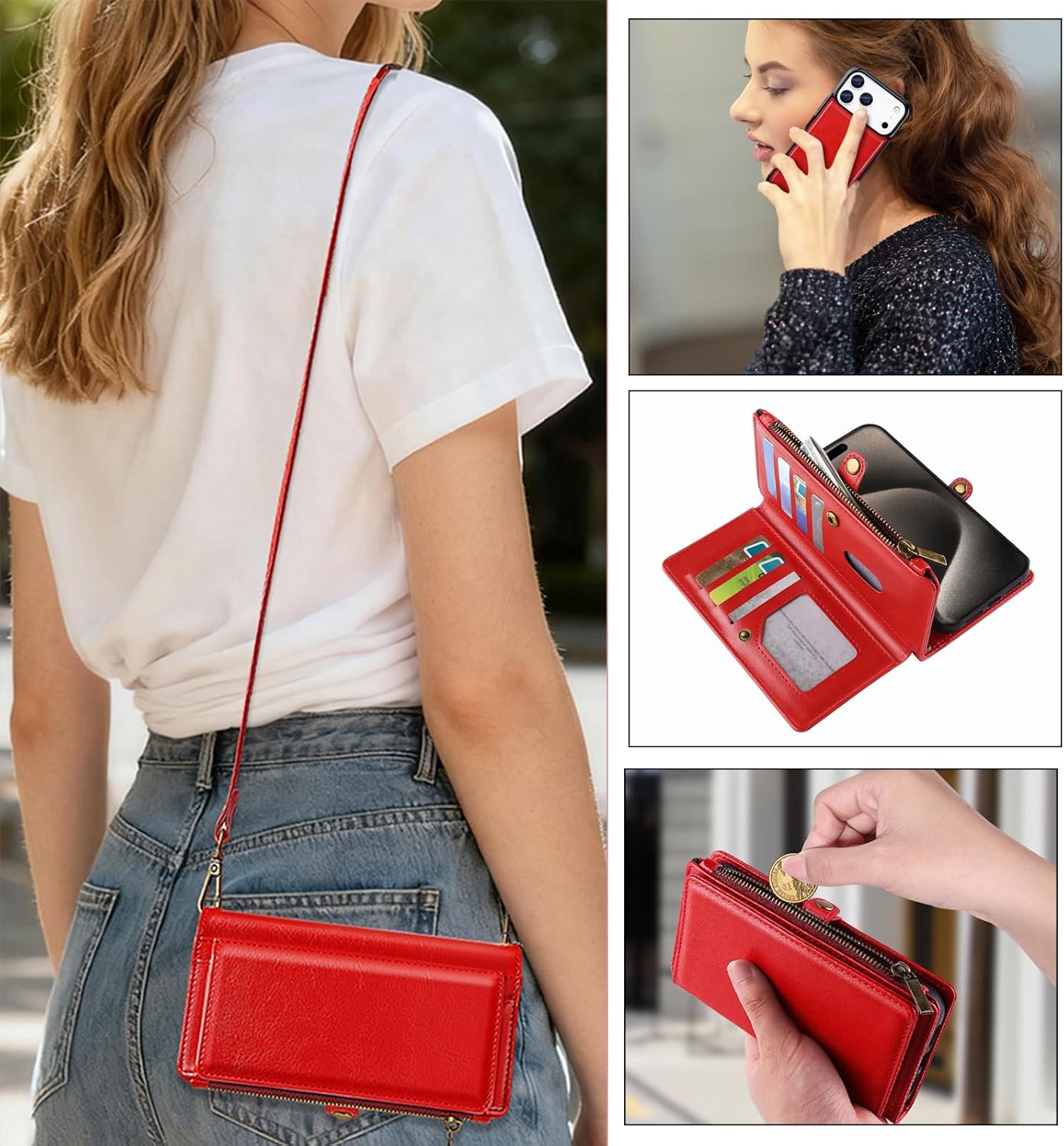 MInCYB for iPhone 17 Pro Max Wallet Case, [Compatible with Magsafe] [Magnetic Detachable] [RFID Blocking] PU Leather Case with Card Holder & Crossbody Strap for Women Men, Red - Image 4