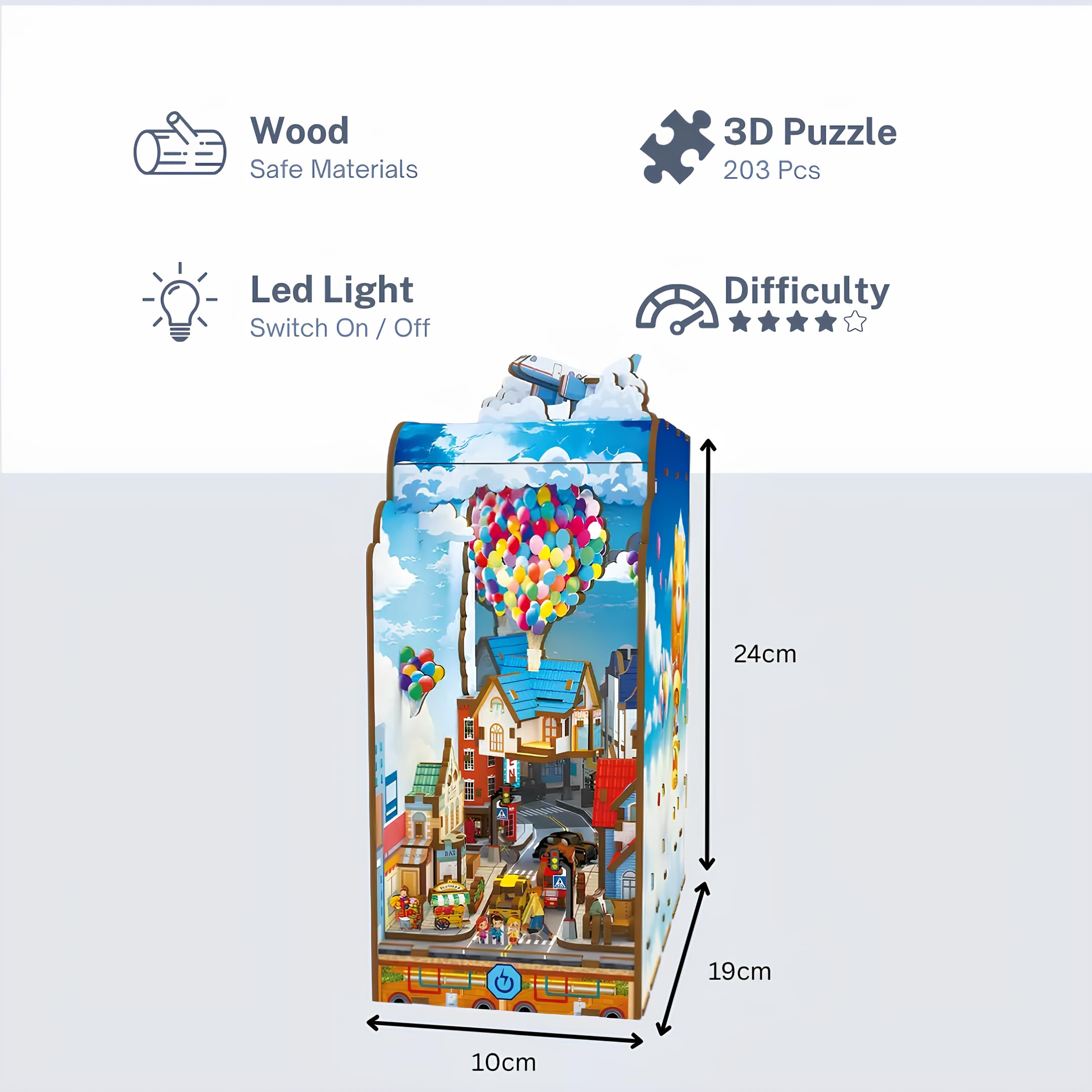 Malau – 3D Book Nook Puzzle aus Holz mit außergewöhnlichem Design und Licht – Miniaturhaus-Bausatz zum Selberbauen DIY Diorama für Bücherregal oder Schreibtisch Buch (Mobile Flying House)