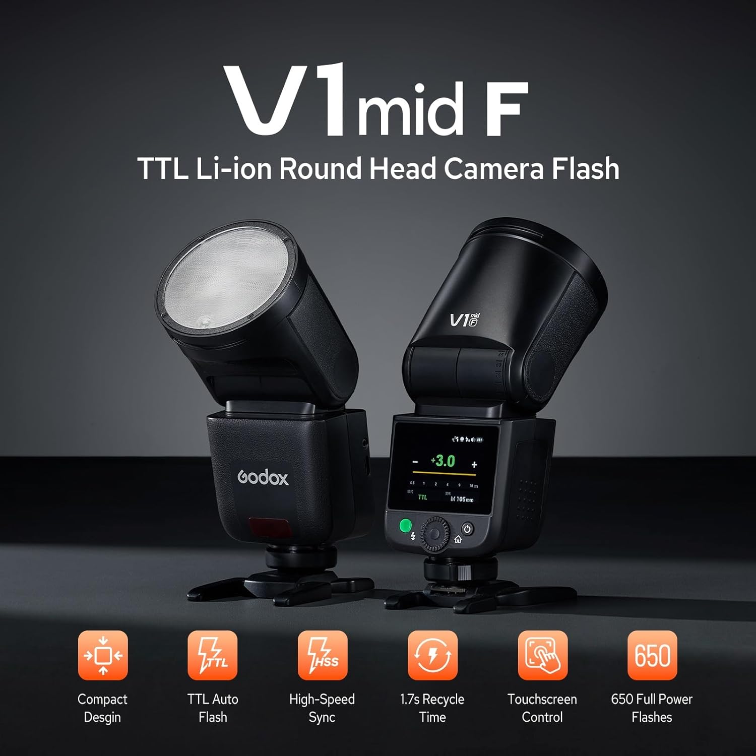 Godox V1 Mid F Flash for Fujifilm, Touchscreen Speedlite, 55Ws High Output, USB-C Charging, 650 Full-Power Flashes, 1.7s Recycle, 2.4G Wireless 1/8000s HSS, GODOX V1 Mid V1mid F TTL Flash Speedlight