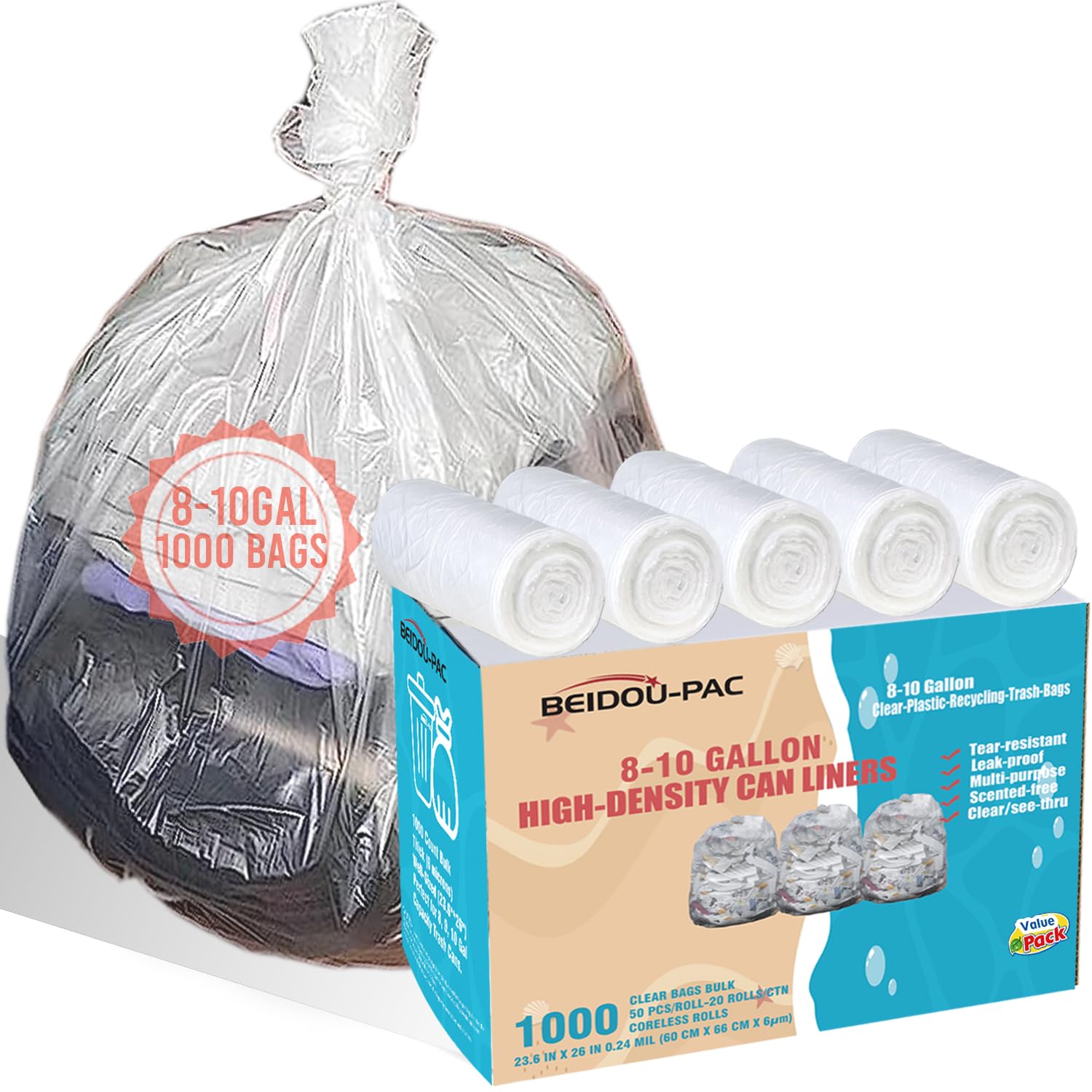 BEIDOU-PAC Trash Bags 8-10 Gallon, 1000 Count Bulk Value Pack, Clear Plastic Recycling Bags, Multi-purpose Garbage Bags Can Liners for Business Home