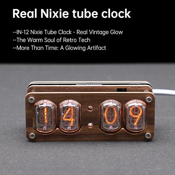 Authentic Soviet IN12 Nixie Tube Clock, Solid Wood Shell, with RGB Lighting Effects, Two Control Methods, 12/24 Hour System, can be Used as Desktop Decoration (4 Tube)
