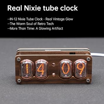 Authentic Soviet IN12 Nixie Tube Clock, Solid Wood Shell, with RGB Lighting Effects, Two Control Methods, 12/24 Hour System, can be Used as Desktop Decoration (4 Tube)