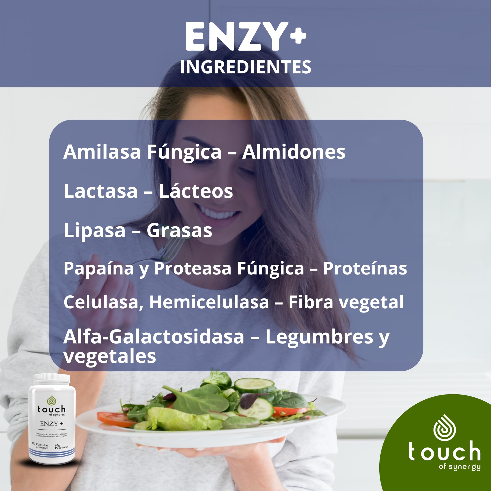 ENZY+ – Complejo de Enzimas Digestivas – Mejora la Digestión y Absorción de Nutrientes – Alivio de Hinchazón y Malestar Estomacal – 120 Cápsulas Vegetales
