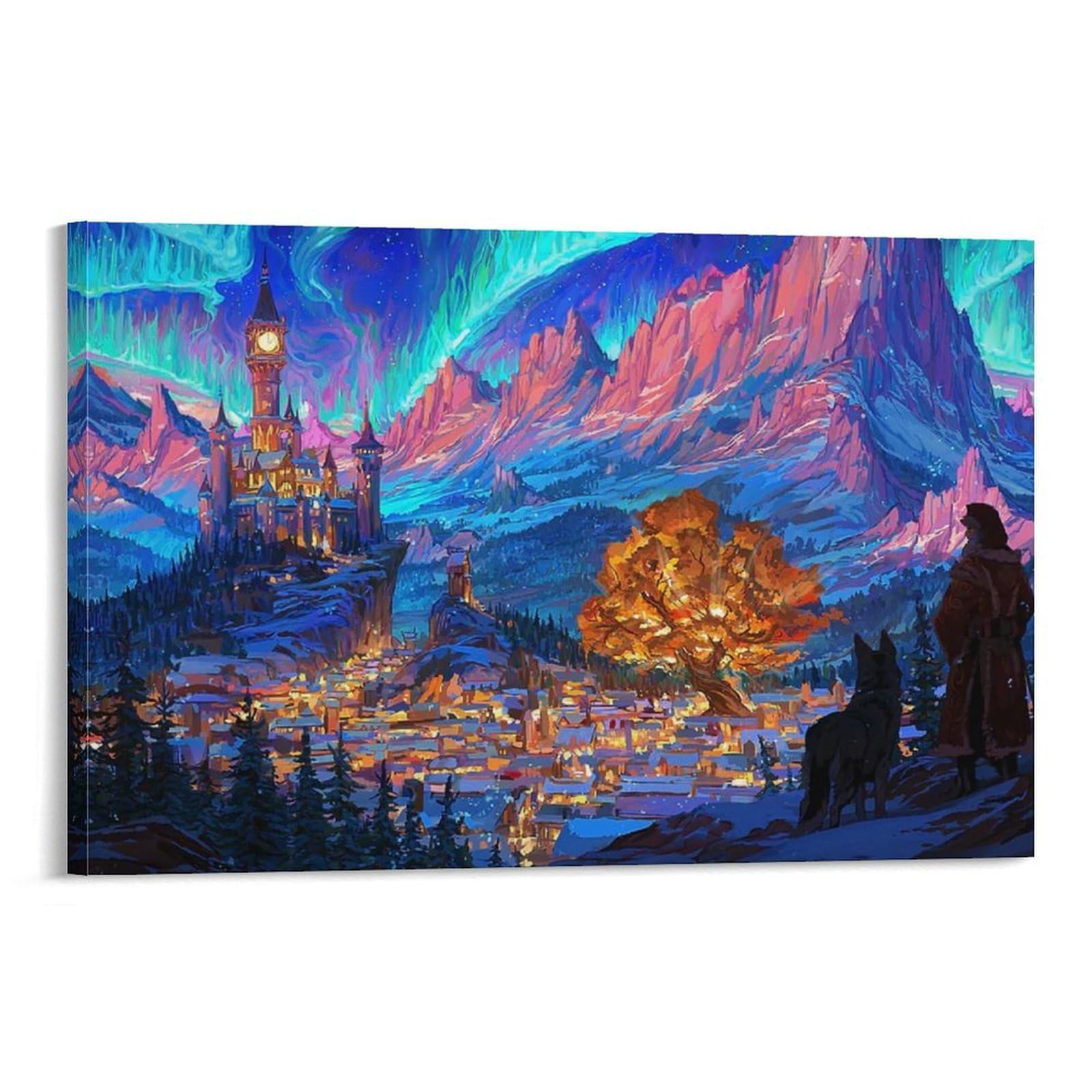 CPLVKWRQJ Bright Magical Colorful Single Fantasy Aurora Mountain Castle Scene Canvas Art - Gift for Him/Her Kitchen Canvas Wall Decor Removable Ready to Hang 20x30inch(50x75cm)