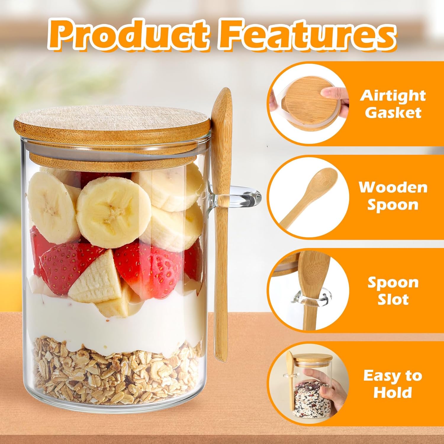 4 Pack Overnight Oats Containers with Lids and Spoons, 18oz Mason Jars Glass Storage Jars with Wide Mouth, Glass Food Storage Containers for Chia Pudding, Yogurt, Salad, Snacks, and Oatmeal - Image 3