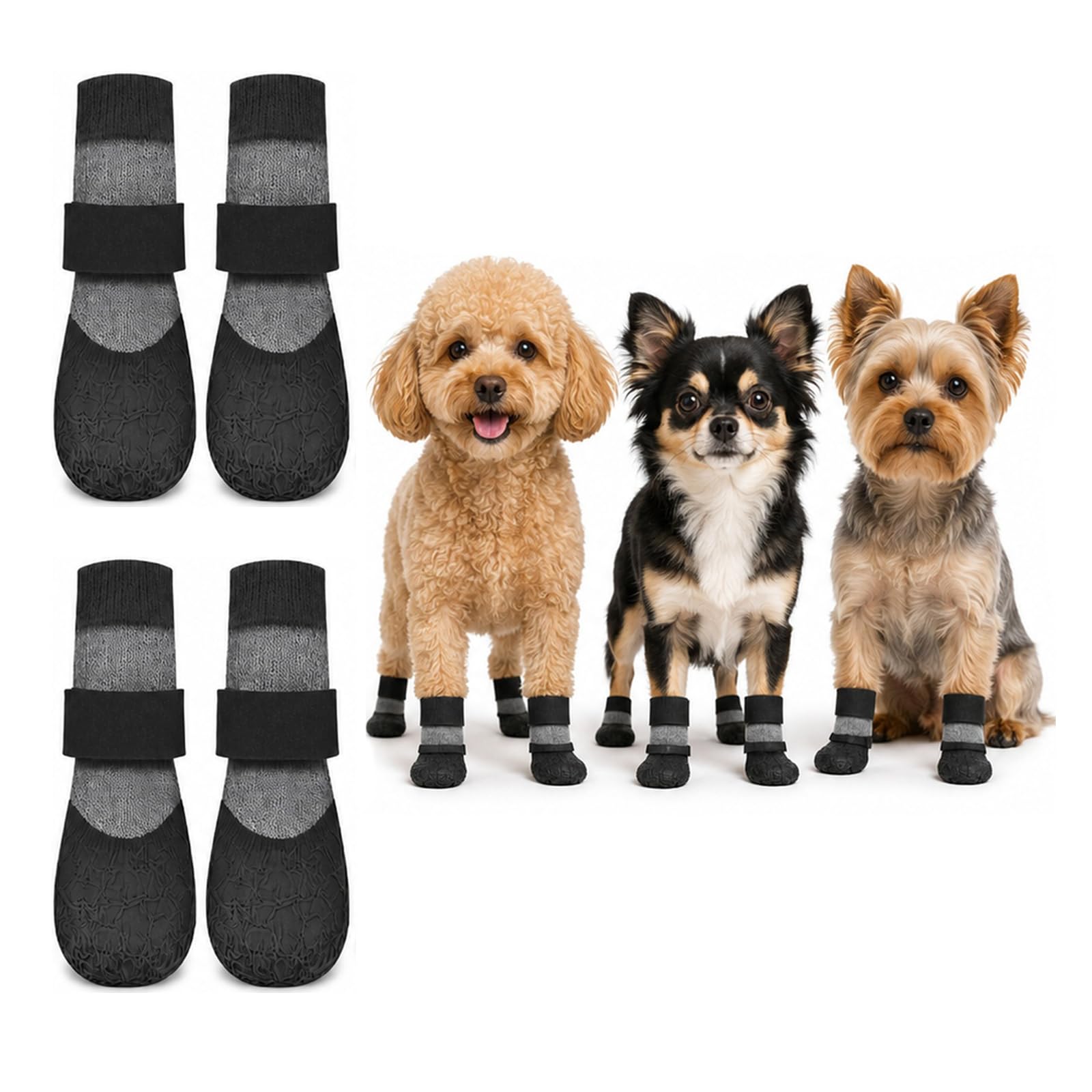 4PCS Dog Shoes Anti-Slip Pet, Waterproof Paw Protection for Dog, Adjustable Fastening Straps for Dogs 8.5–19.5 Kg Dog Shoes for Hot Weather (Black）