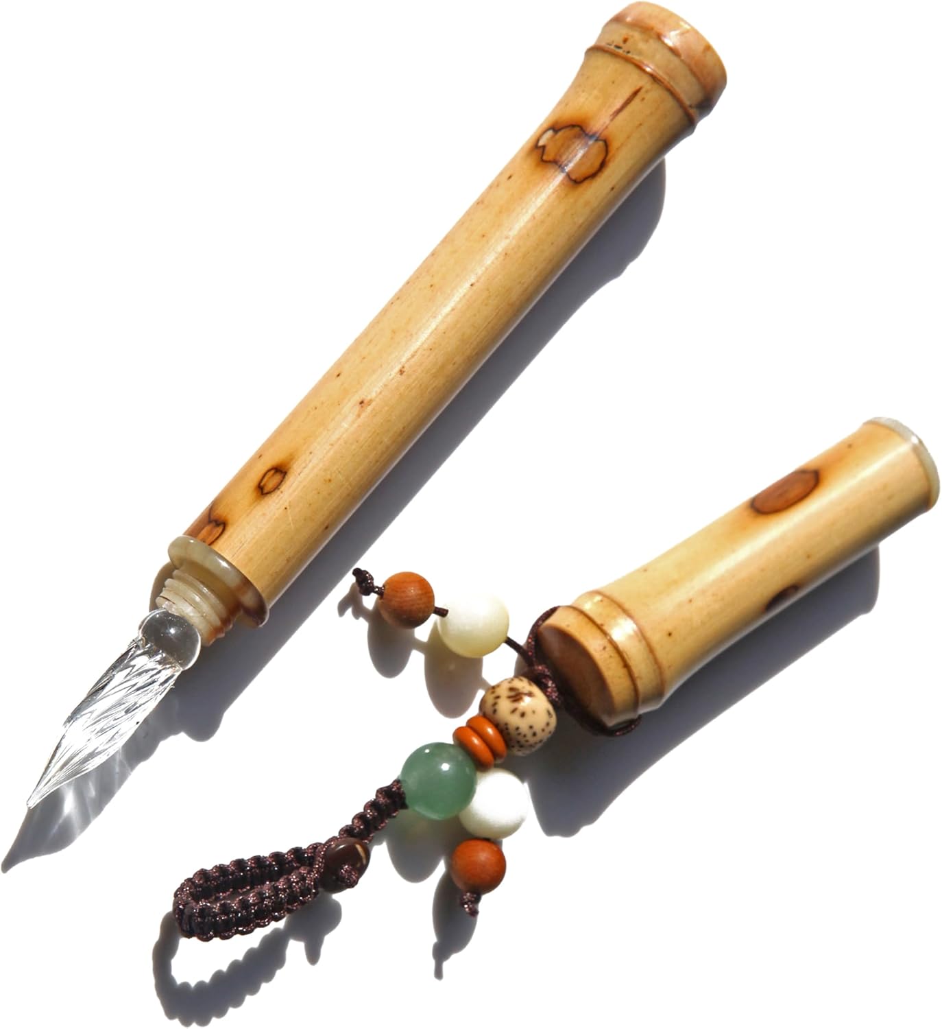 SeventyTwo Handmade Glass Dip Pen with Natural Bamboo Body, Fine Point, Decorative Beaded Tassel, Calligraphy Writing Instrument