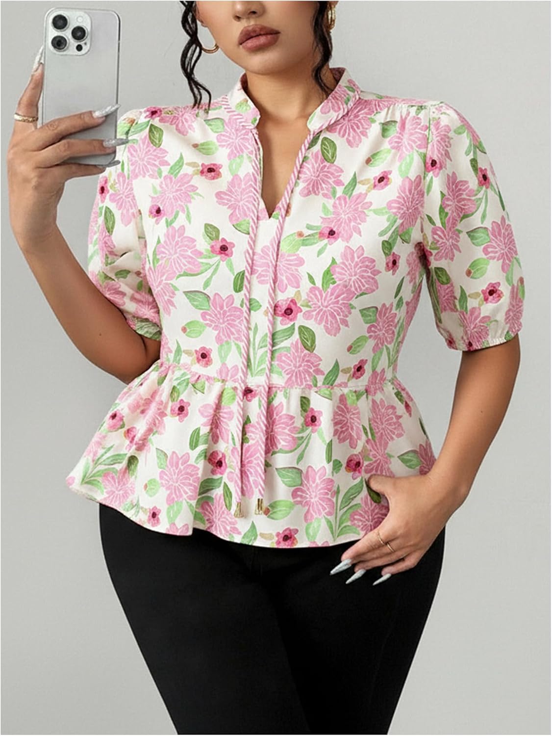 Women's Boho Floral Peplum Tops Summer Dressy Casual Drawstring V Neck Blouses Vacation Outfits - Image 4