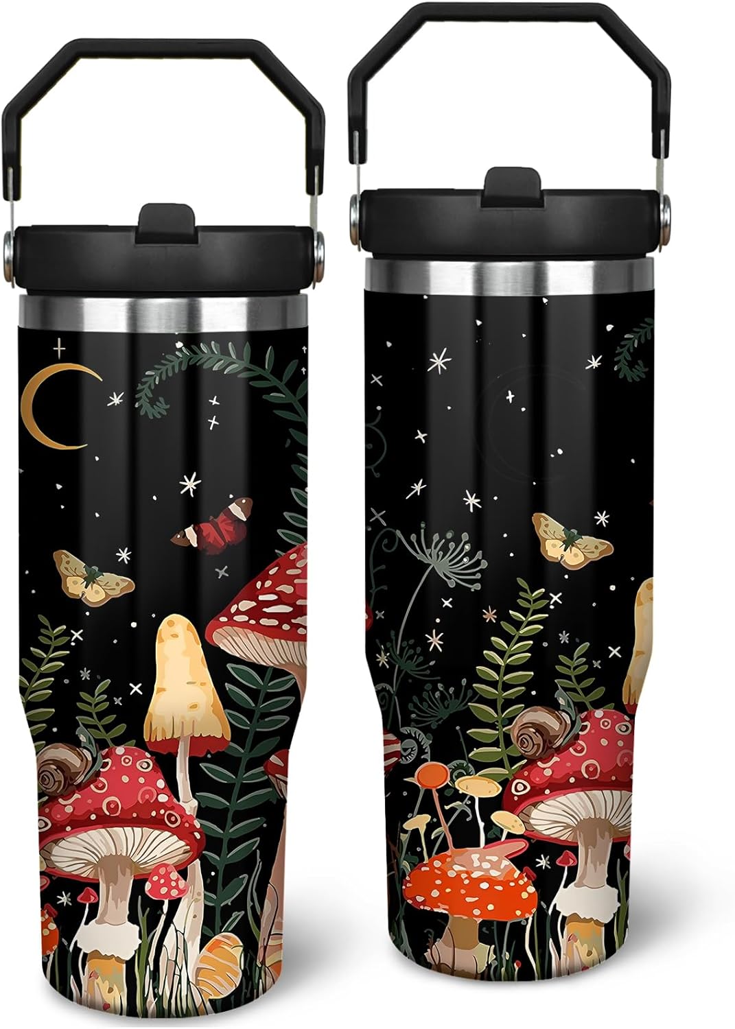 Mushroom Tumbler with Lid and Straw, Stainless Steel Mushroom 30oz Tumbler with Handle, Black Mushroom Travel Coffee Mug Mushroom Gifts Cups for Women and Men