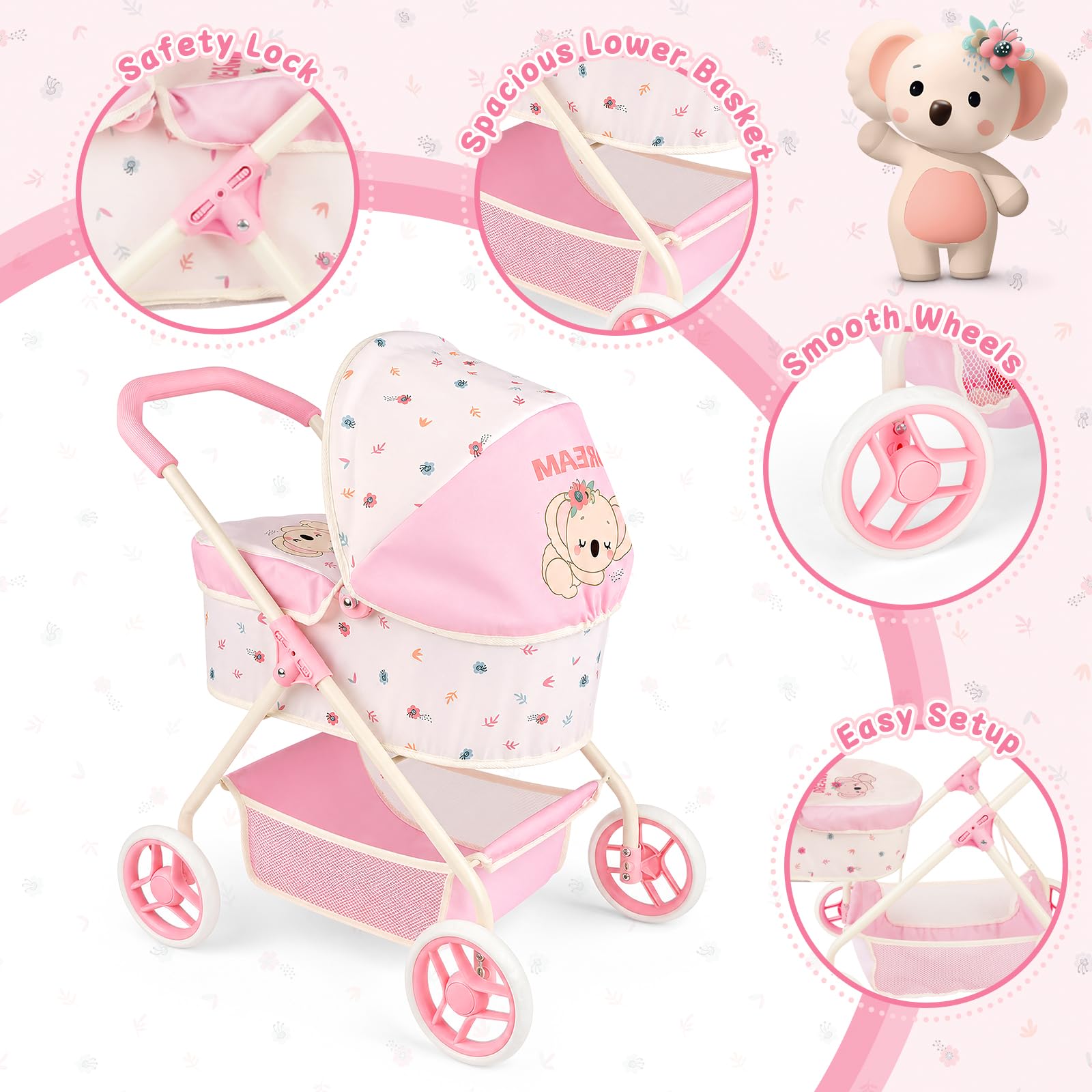 deAO Poussette Poupee 2 en 1 avec Capote pour Poupées 60 * 49.5 * 36.5cm | Roues Silencieuses pour Intérieur et Extérieur, Compacte, Landau et Canne pour Poupées jusqu'à 38 cm