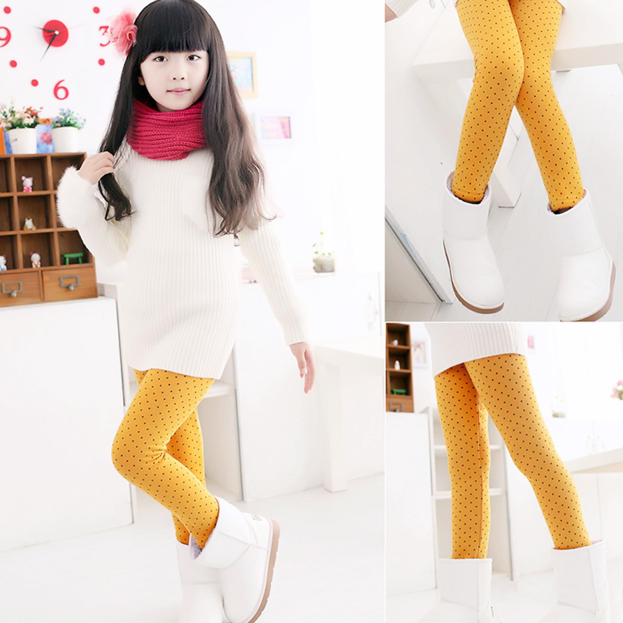 Kiench Leggings da ragazza foderati a pois stampati pantaloni invernali cotone confezione da 2