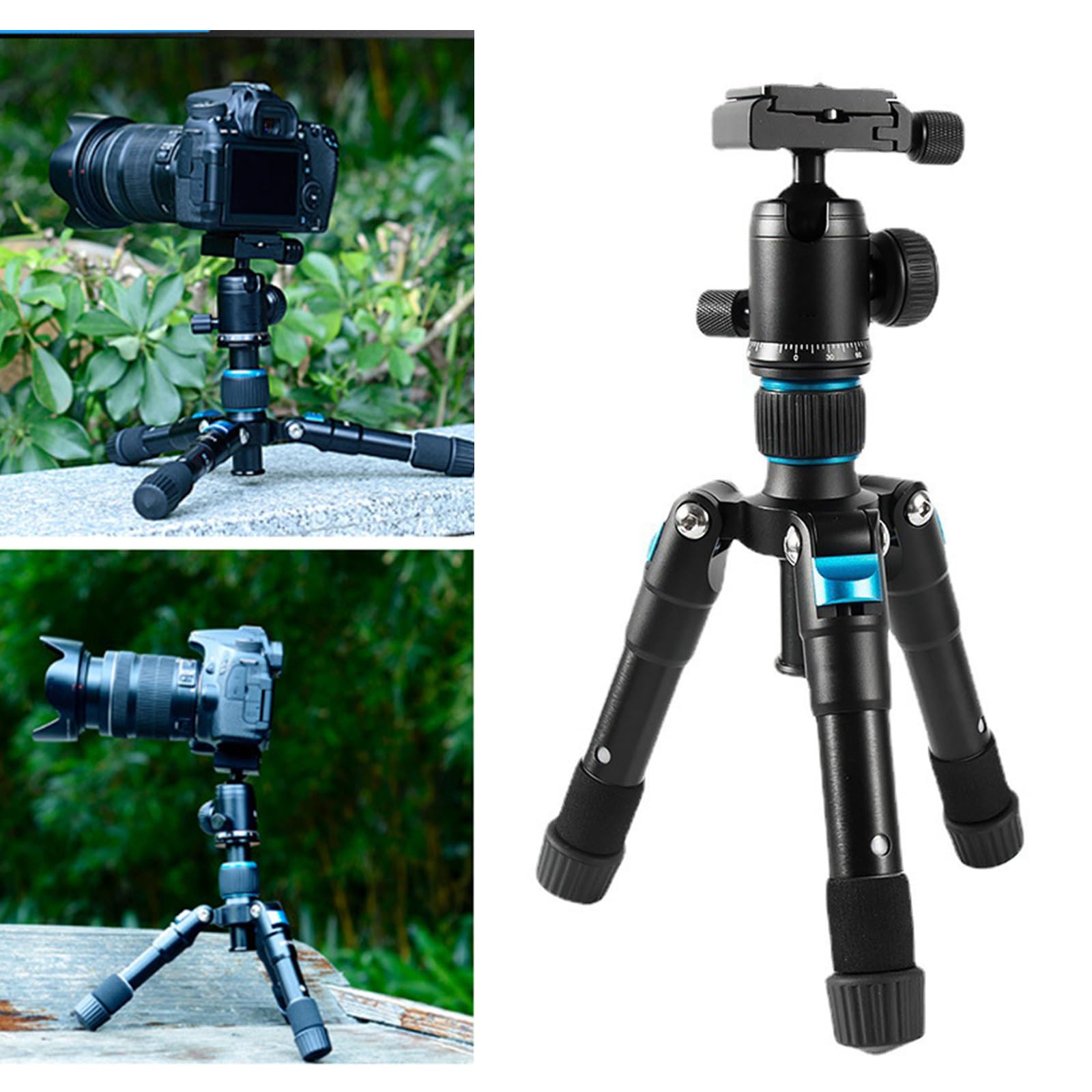 Treppiede compatto da tavolo in alluminio con testa a sfera a 360° supporta fino a 5 kg per fotocamere digitali DSLR e videoregistratori