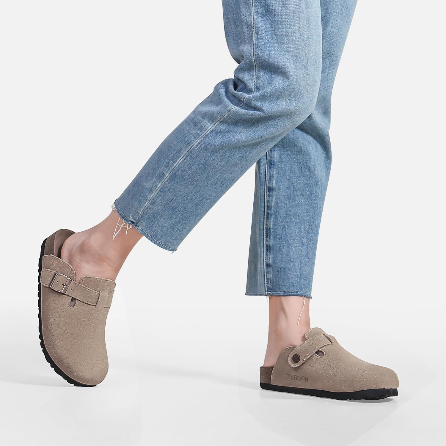 Women's Suede Clogs Soft Leather Mules Adjustable Buckle Cork Footbed Potato Shoes with Arch Support - Image 2