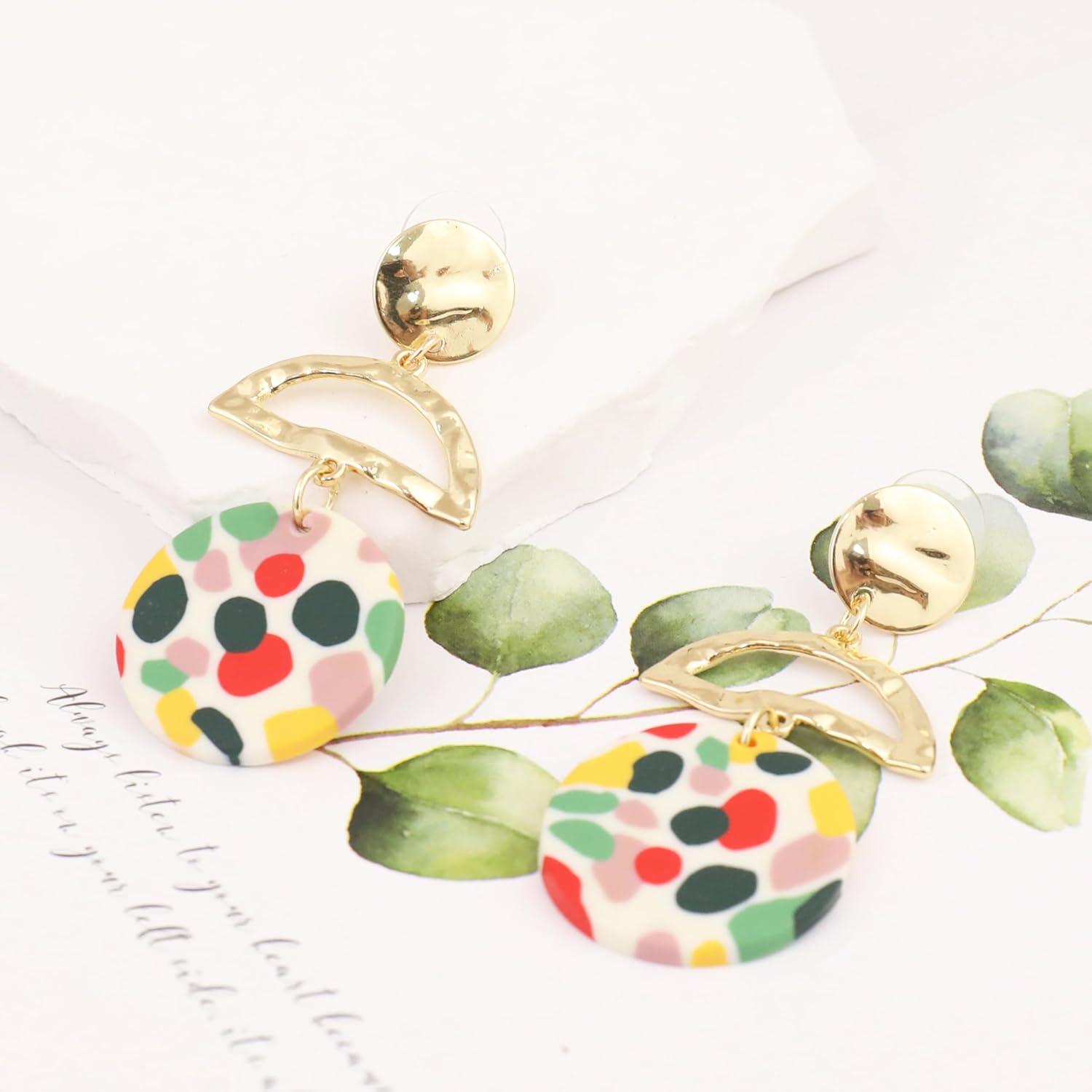 Handmade Geometric Dangle Earrings for Women Colorful Round Polymer Clay Long Drop Earrings 18K Gold Plated Stainless Steel Jewelry Gift - Image 5