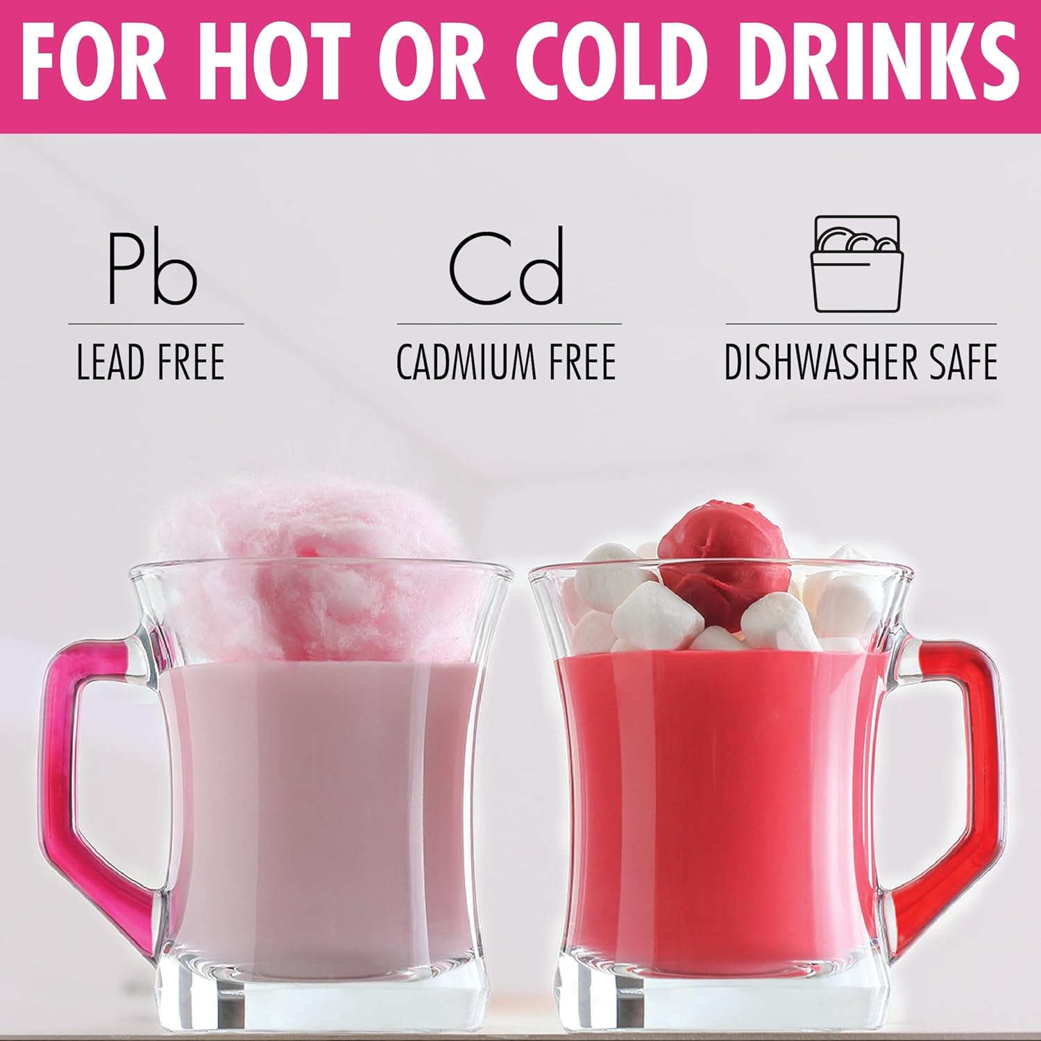 Hakan Manhattan Clear Glass Tea Cups of 6 with Colorful Handles, 6 Pcs, 7.5 Oz (225 cc), Glass Coffee Cups with Rainbow Handles Transparent Clear Glasses for Hot Cold Beverages in Gift Box