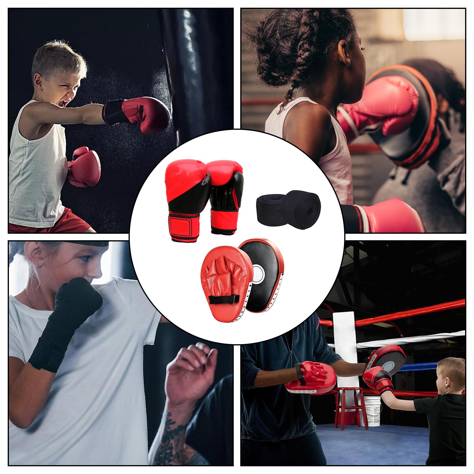 Boxen Training Set, 1 Paar 6 oz Boxhandschuhe und 1 Paar Pratzen für Muay Thai Box Pratzen PU Handpratzen Boxpratzen Boxpads Mitts Boxhandschuhe Set für Kinder Boxausrüstung für Kickboxen