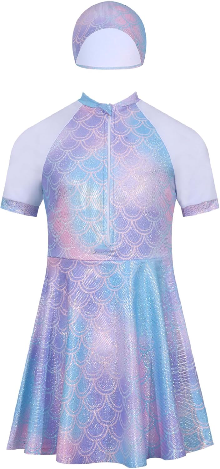 Kids Girls Beach Swimsuit Fish Scales Print Mermaid Zipper Dress with Shorts and Swim Hat Bathing Suit