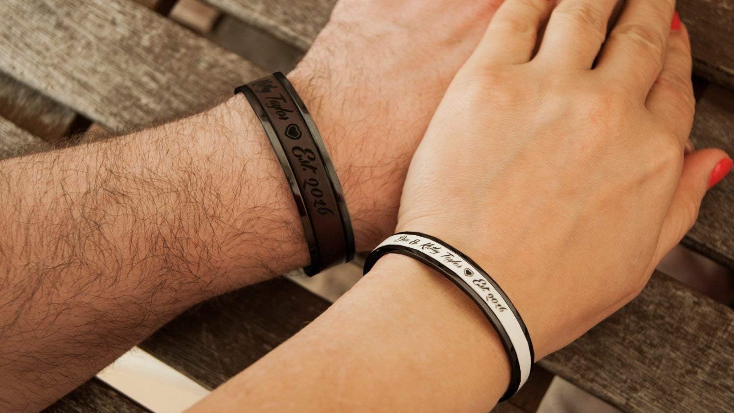 Personalized Matching Couples Cuff Bracelets Third Wedding Anniversary Gift with Leather Inlay His and Her Jewelry Black Tone