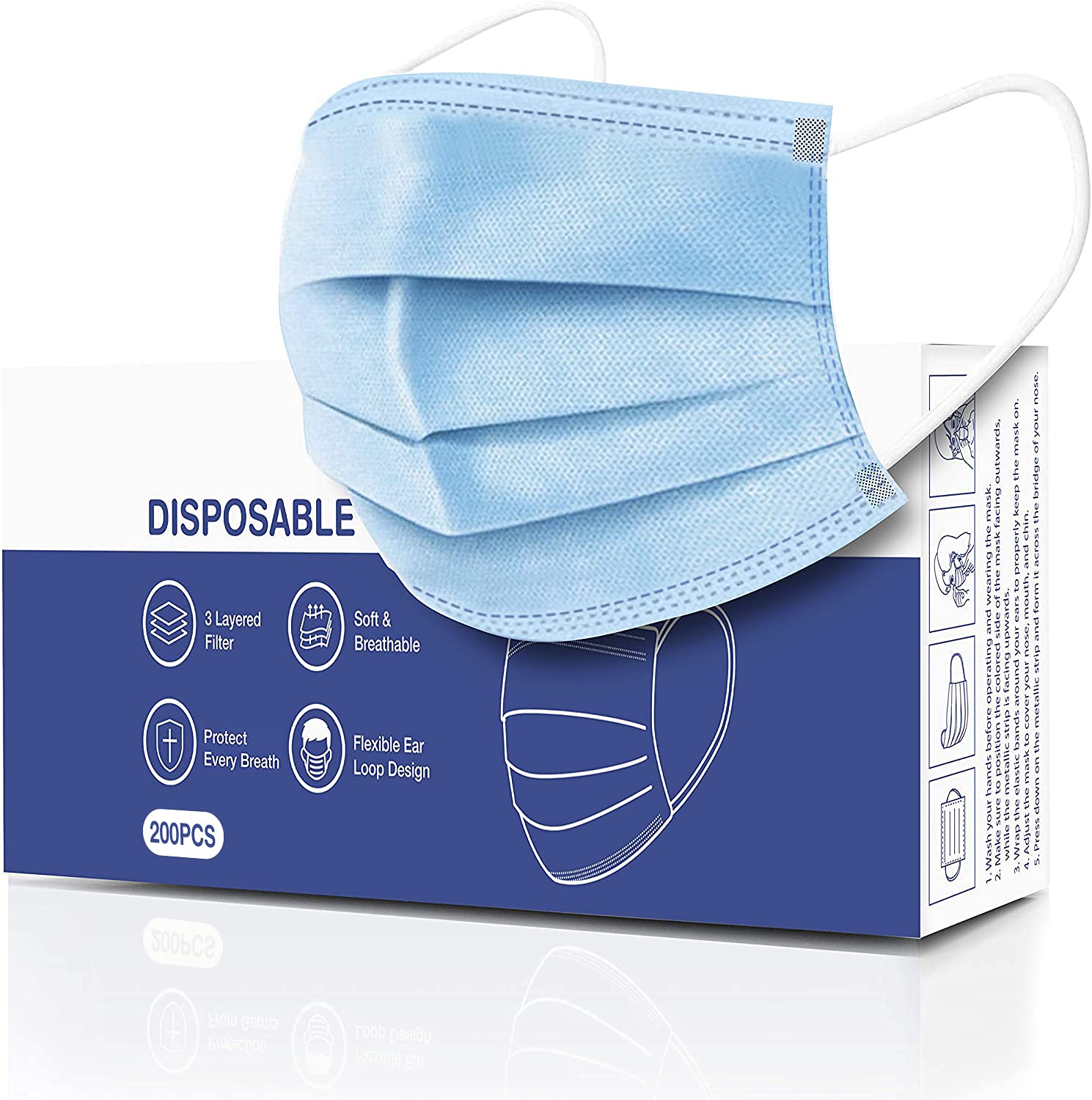 Disposable Face Masks, Pack of 200 - Dust Particle 3-Layer Design with Earloop Protective Cover (OTB00108)