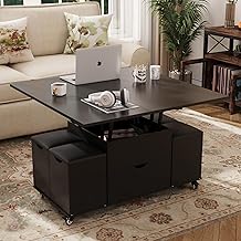 VOWNER 3-in-1 Multifunctional Height Adjustable Coffee Table with Drawer and 4 Stools, Convertible to Dining Table (Black)