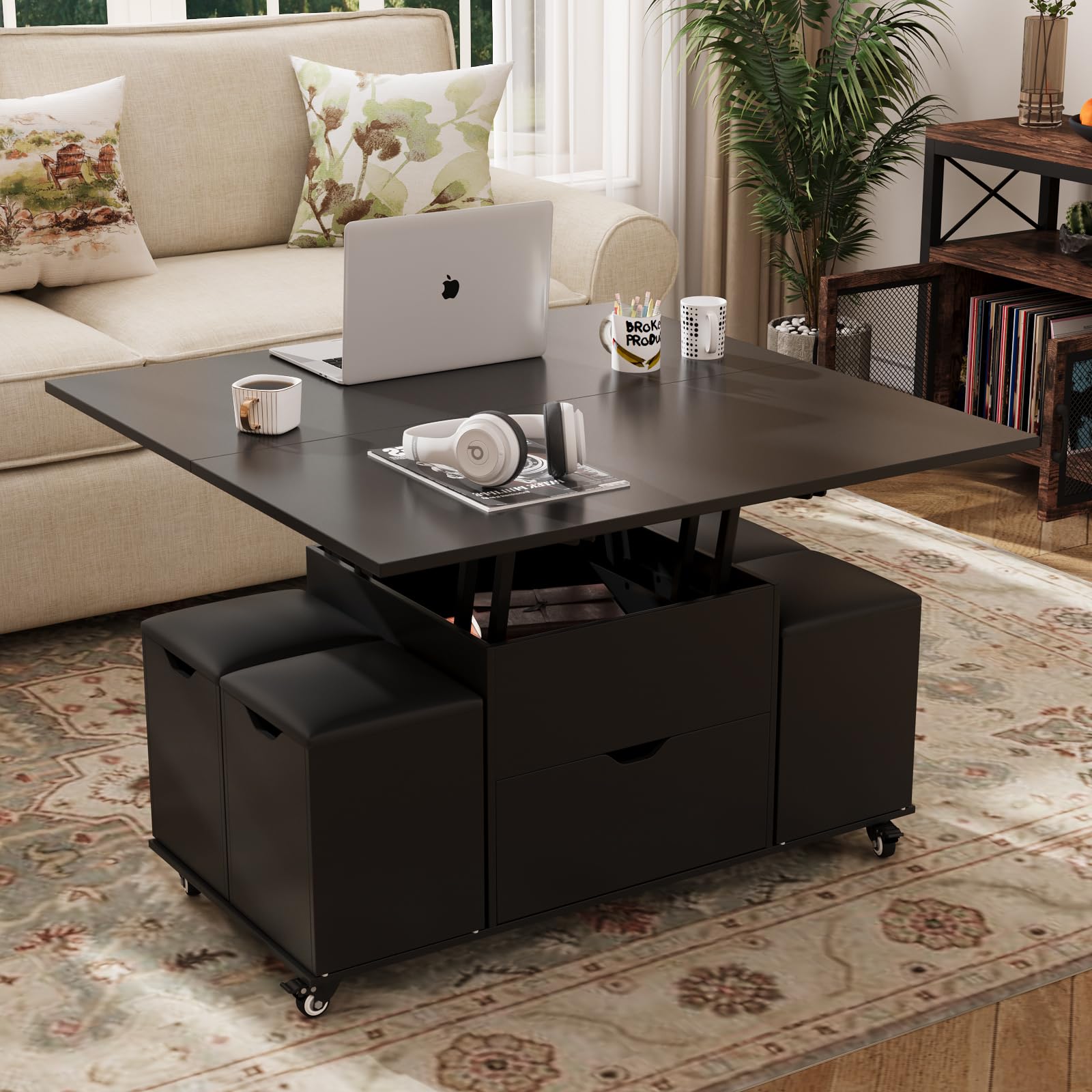 Tavolino da caffè 4 in 1 con piano sollevabile, 2 sgabelli e 2 cassetti - 100 x 50 x 45 cm - LED - MDF - Nero | Leroy Merlin