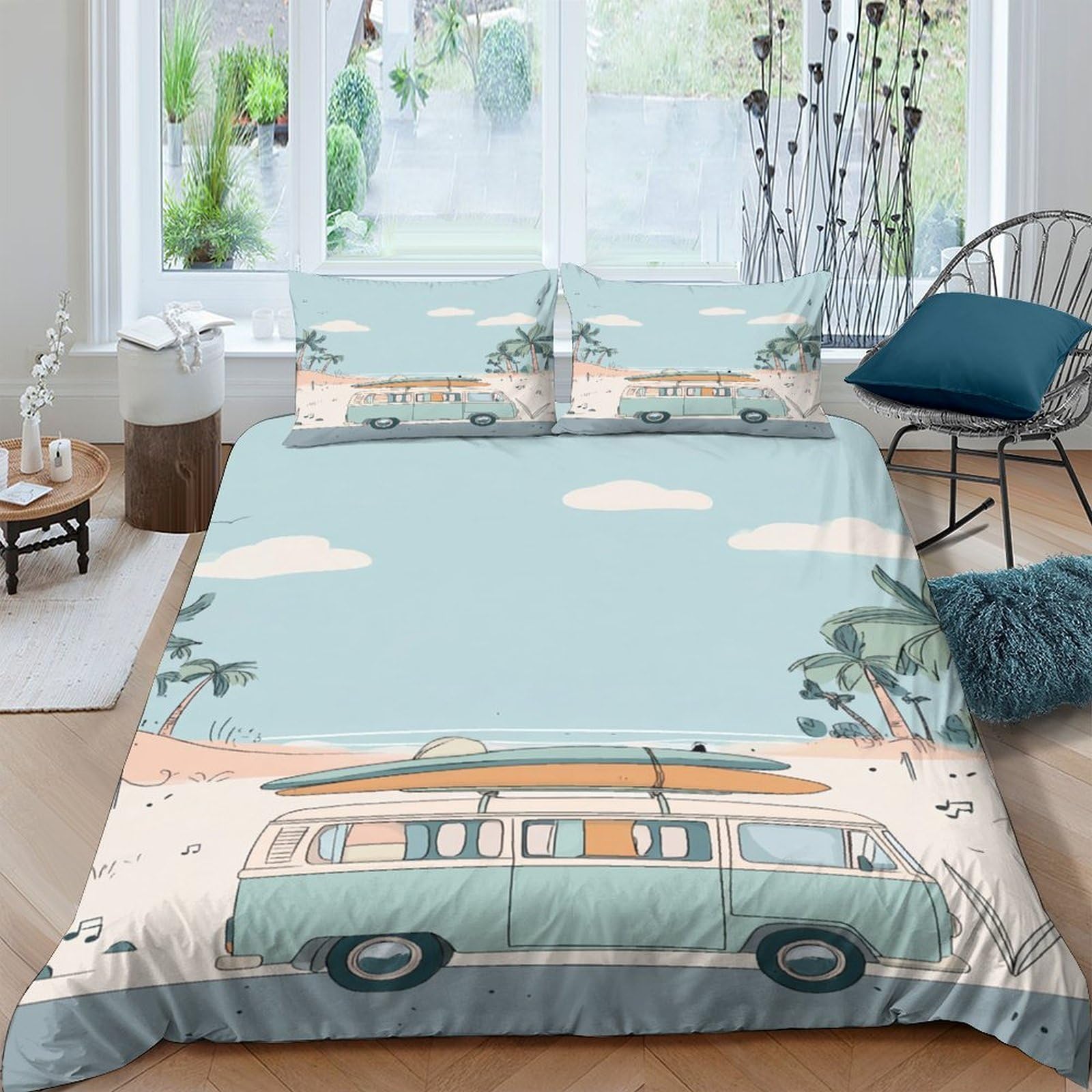 Ctjqhvkz Style-5 3D Printed Vintage Camper Fitted Sheet Microfiber Soft Beach Landscape Mattress Cover For Bedroom Dorm Decor Single（135X200cm）