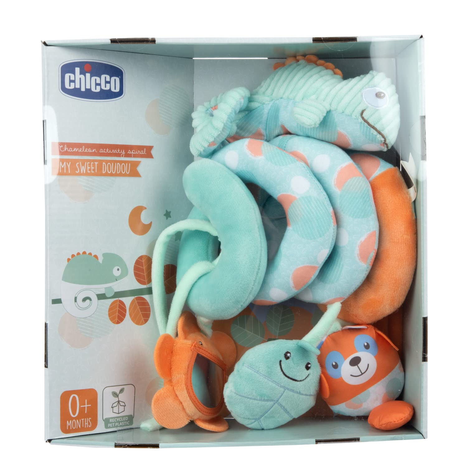 Chicco Spirale Kameleon, Zabawka do Wózka, dla Dzieci od 0 miesiąca, Liść z Efektem Szeleszczenia, Lustro w Kształcie Kwiatu, Opakowania z Tworzyw Sztucznych Pochodzących z Recyklingu