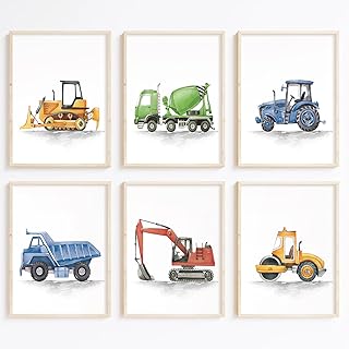 Joocrise Boys Truck Wall Art Set of 6 Truck Vehicle Canvas Wall Decor Toddler Construction Wall Art Watercolor Playroom Kids Pictures Prints Nursery Artwork for Room Bedroom 8x10 Inch Unframed