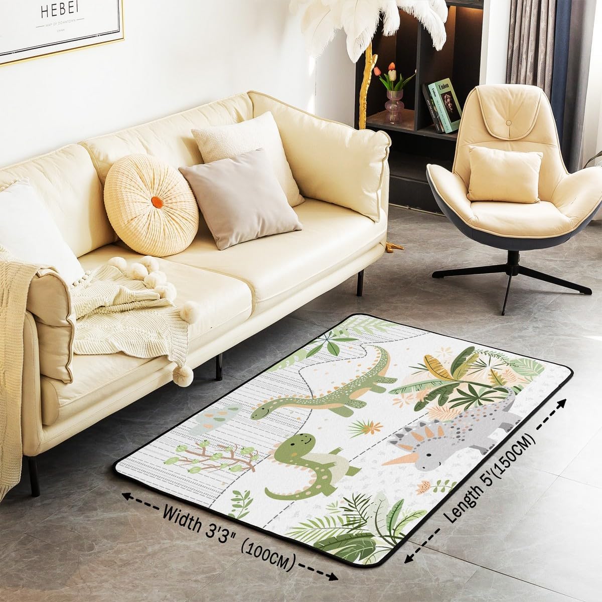 Feelyou Kids Cute Dinosaur Rugs for Living Room Bedroom Area Rug 3x5 Cartoon Green Dinosaur Indoor Floor Mat for Boys Girls Teens Cute Animal Accent Rug Coconut Plant Decorative Rug