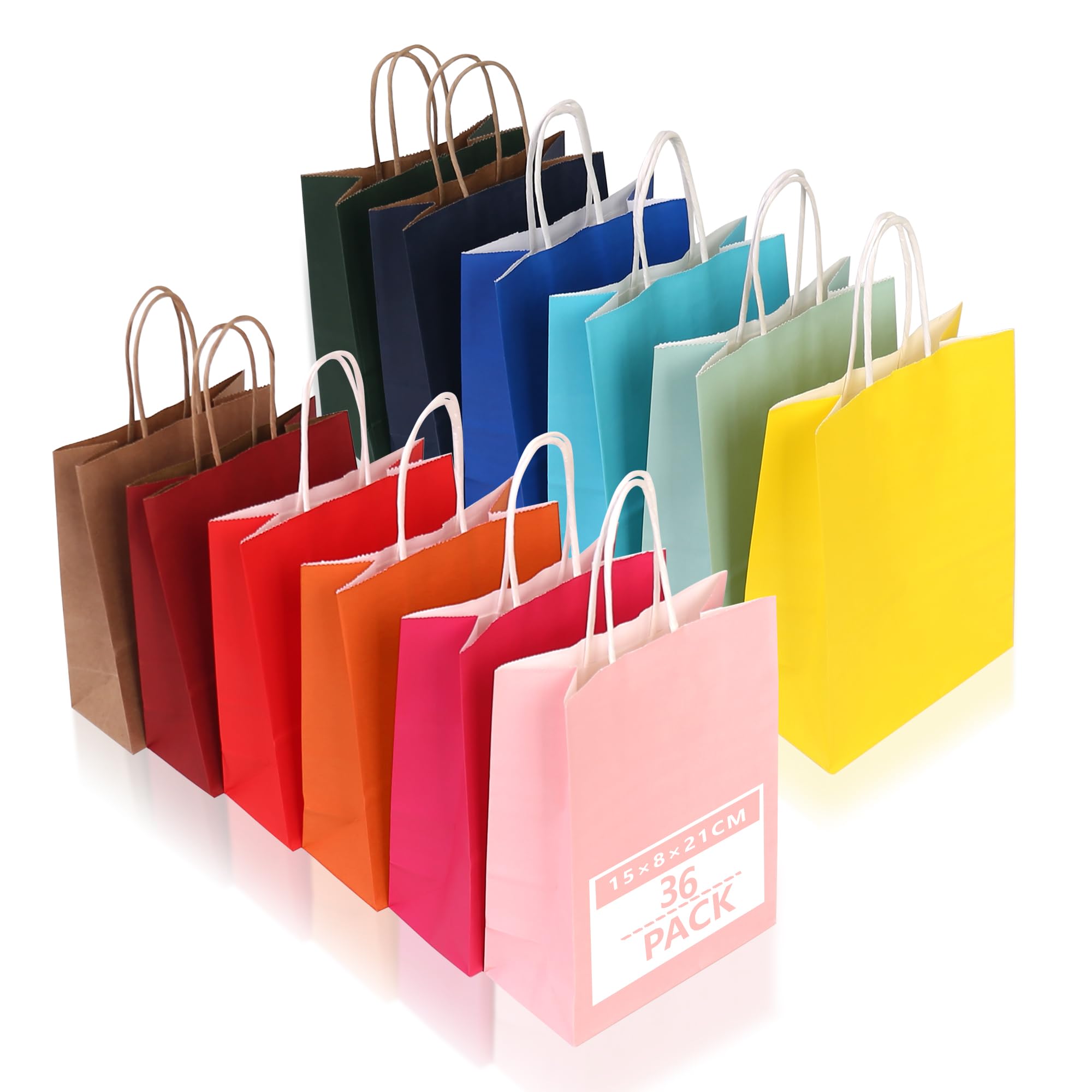 36 Stück Geschenktüten mit Henkel, bunte Kraftpapiertüten 15
