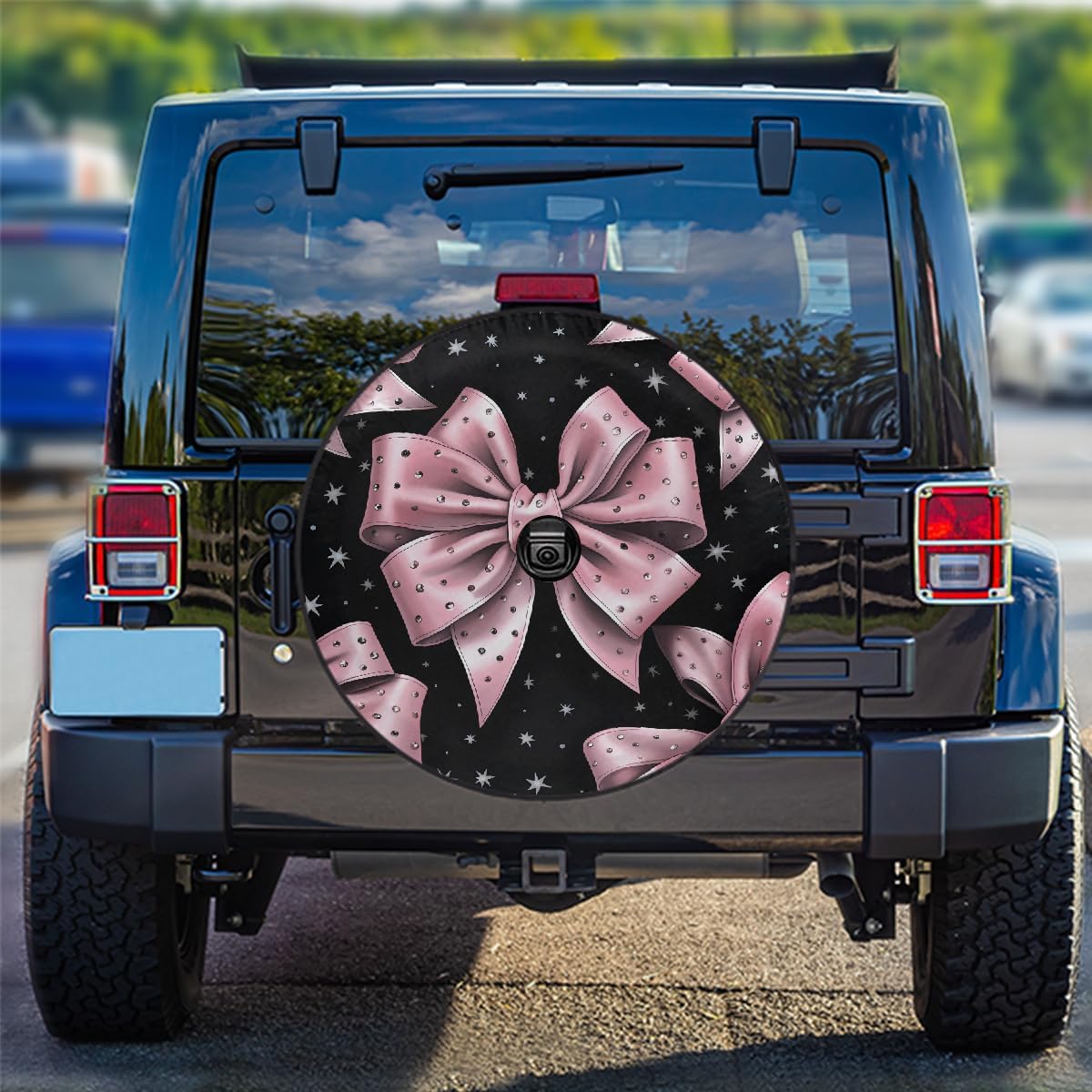 Spare Tire Cover with Backup Camera Hole Pink Diamond Bow Waterproof Tire Cover Fit for Rv SUV Truck Travel Trailer 17inch