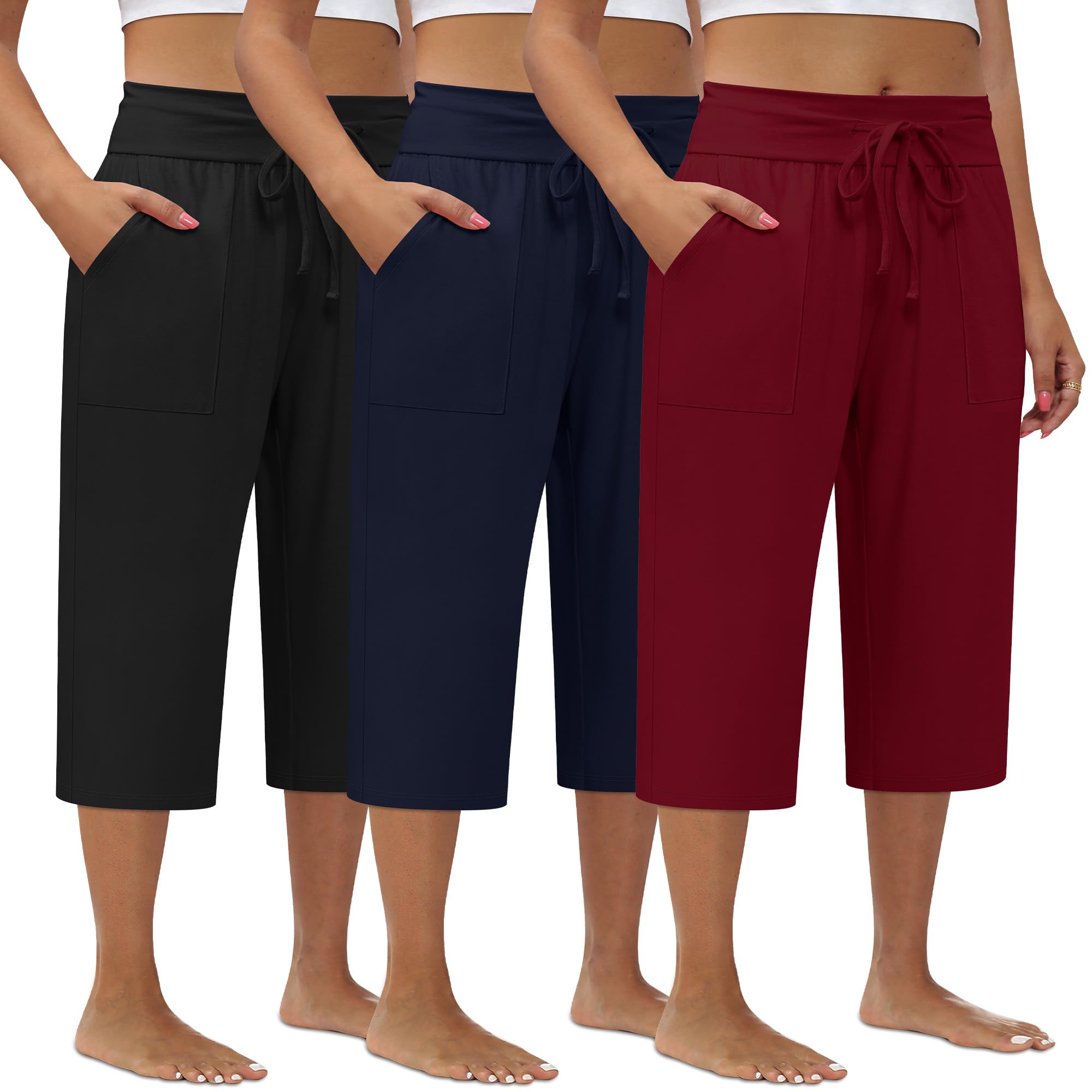 Evervibe 3 Pack Women's Plus Size Capri Pants, Drawstring Capris Sweatpants Casual Summer Cropped Pants with Pockets