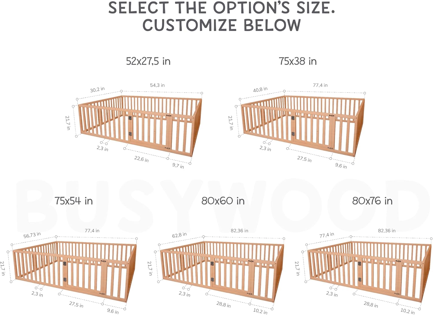Toddler Bed Frame with 21.7" High Railings, Made in Europe from Alder Wood, 7 Colors Customizable Montessori Floor Bed, Kids Twin Bed Frame Painted With Water Based Paint, 5 sizes Kids Beds (Model 19)