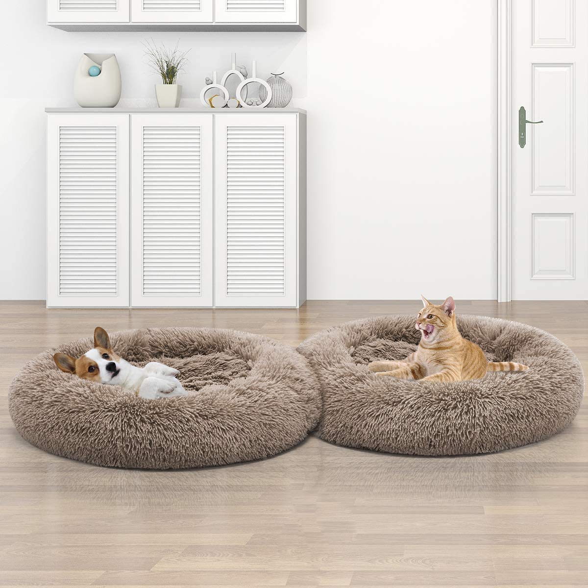 OKPOW Panier Chien Rond Coussin - Lavable Lit Pour Chiots Petits Chiens - Doux Anti-Anxiété Lit Pour Chats Confortable - Panier Donut Moelleux En Peluche