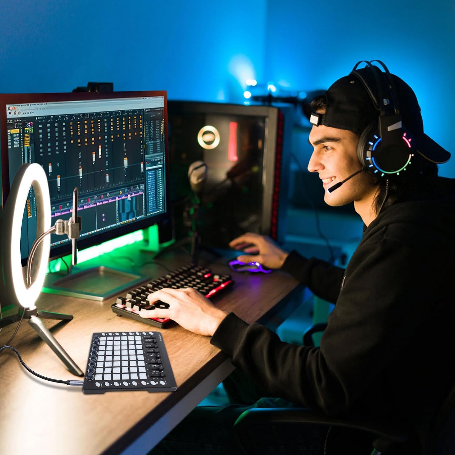 Fockety MIDI Controller Drum Pad, 48 RGB Backlit Velocity Sensitive Pads 8 Knobs 8 Sliders 16 Function Buttons USB MIDI Input Output, with Plug and Play for Win OSX