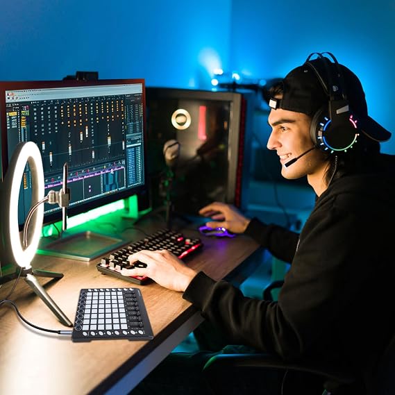 MIDI Controller, Portable MIDI Beat Pad with 48 RGB Backlit Pads 8 Knobs 8 Faders for Music Production, DJ Performance and Live Shows, Plug and Play USB Drum for